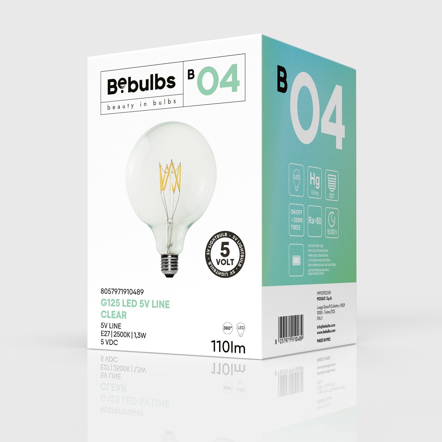 Ampoule LED transparente B04 Ligne 5V Filament court Globo G125 1,3W E27 Dimmable 2500K