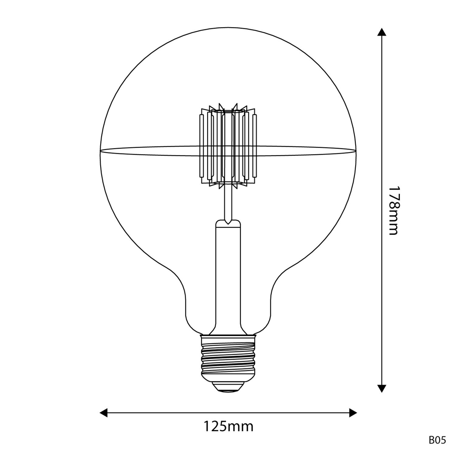 LED Glühbirne mit silberner Kopfspiegelung B05 Linie 5V kurzes Filament Globe G125 1,3W E27 dimmbar 2500K