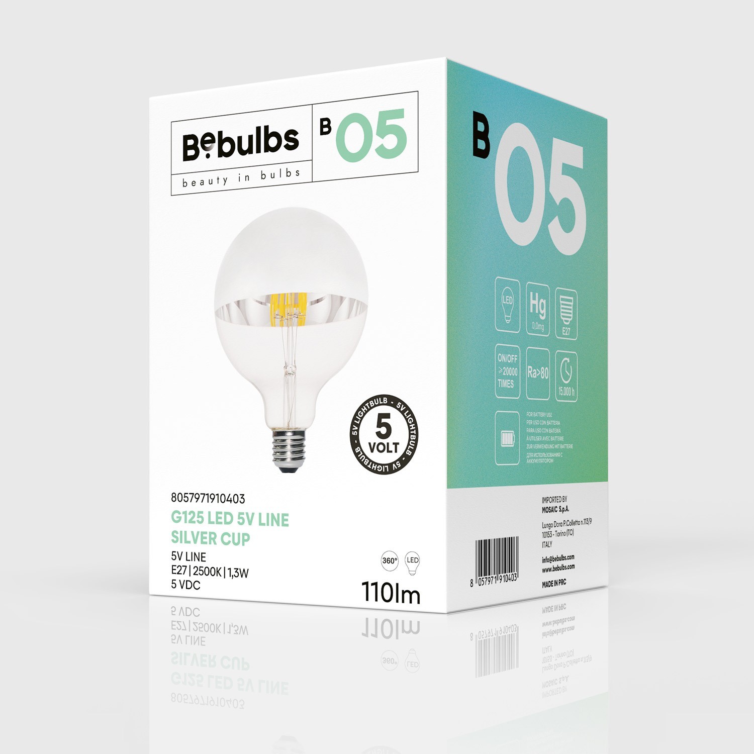 LED Glühbirne mit silberner Kopfspiegelung B05 Linie 5V kurzes Filament Globe G125 1,3W E27 dimmbar 2500K