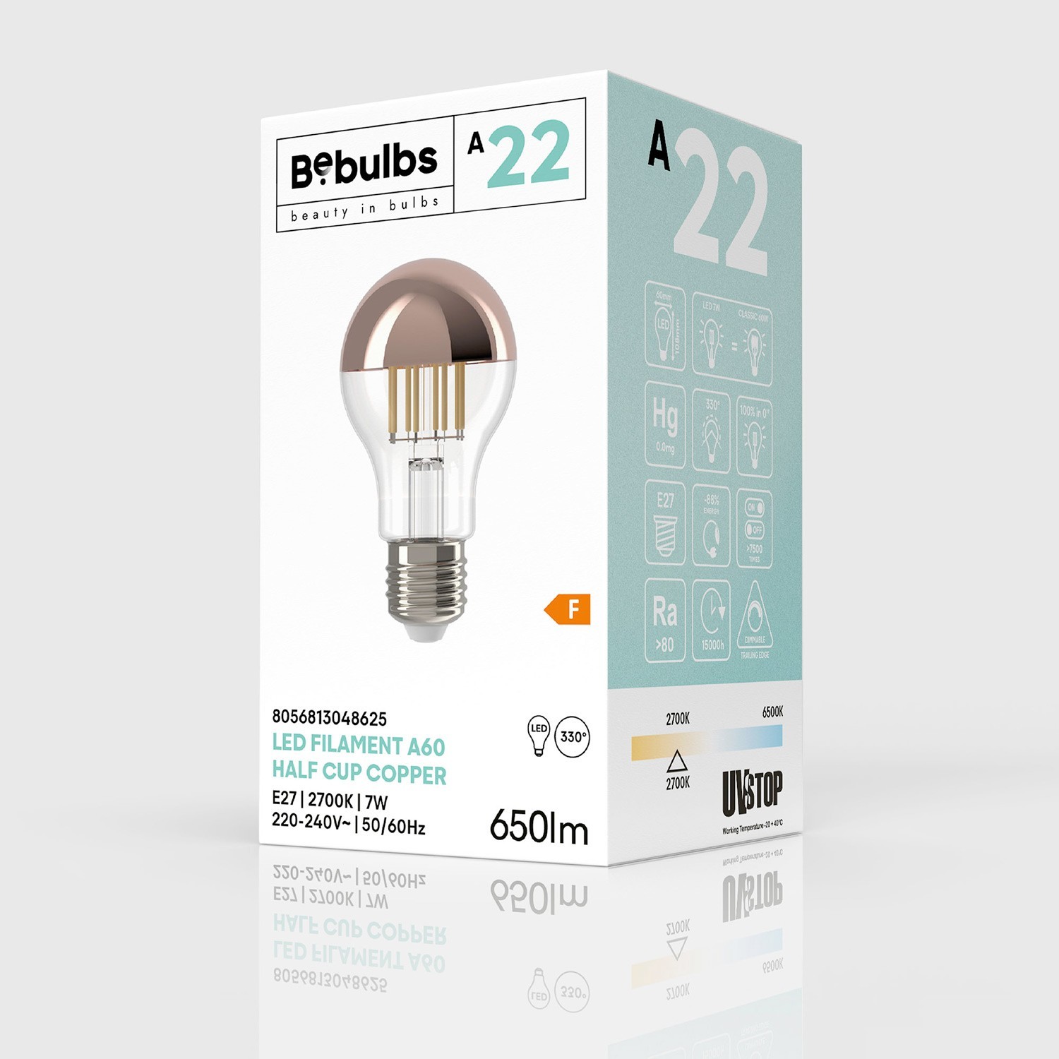 Lampadina LED Mezza Sfera Rame Goccia A60 7W 650Lm E27 2700K Dimmerabile - A22