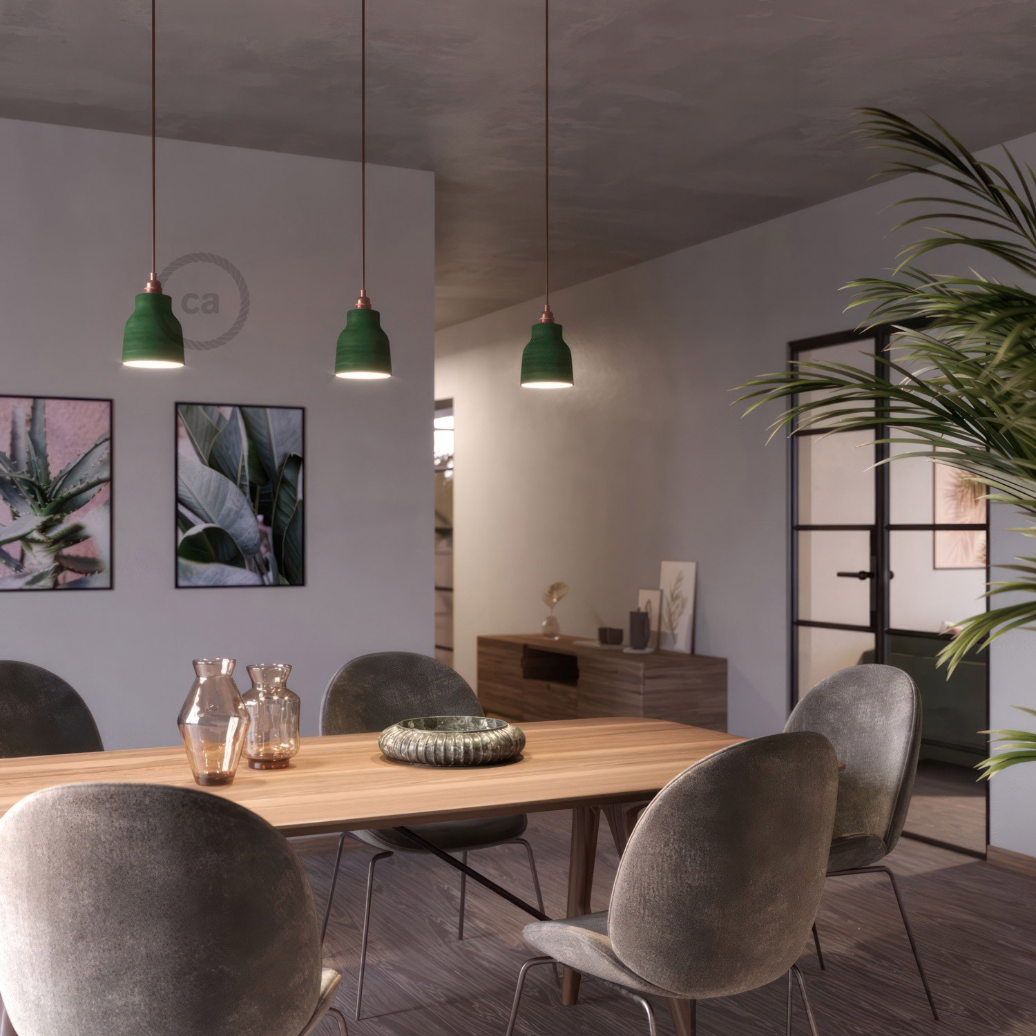 Suspension fabriquée en Italie avec câble textile, abat-jour Vase en céramique et finition en métal - complète avec ampoule