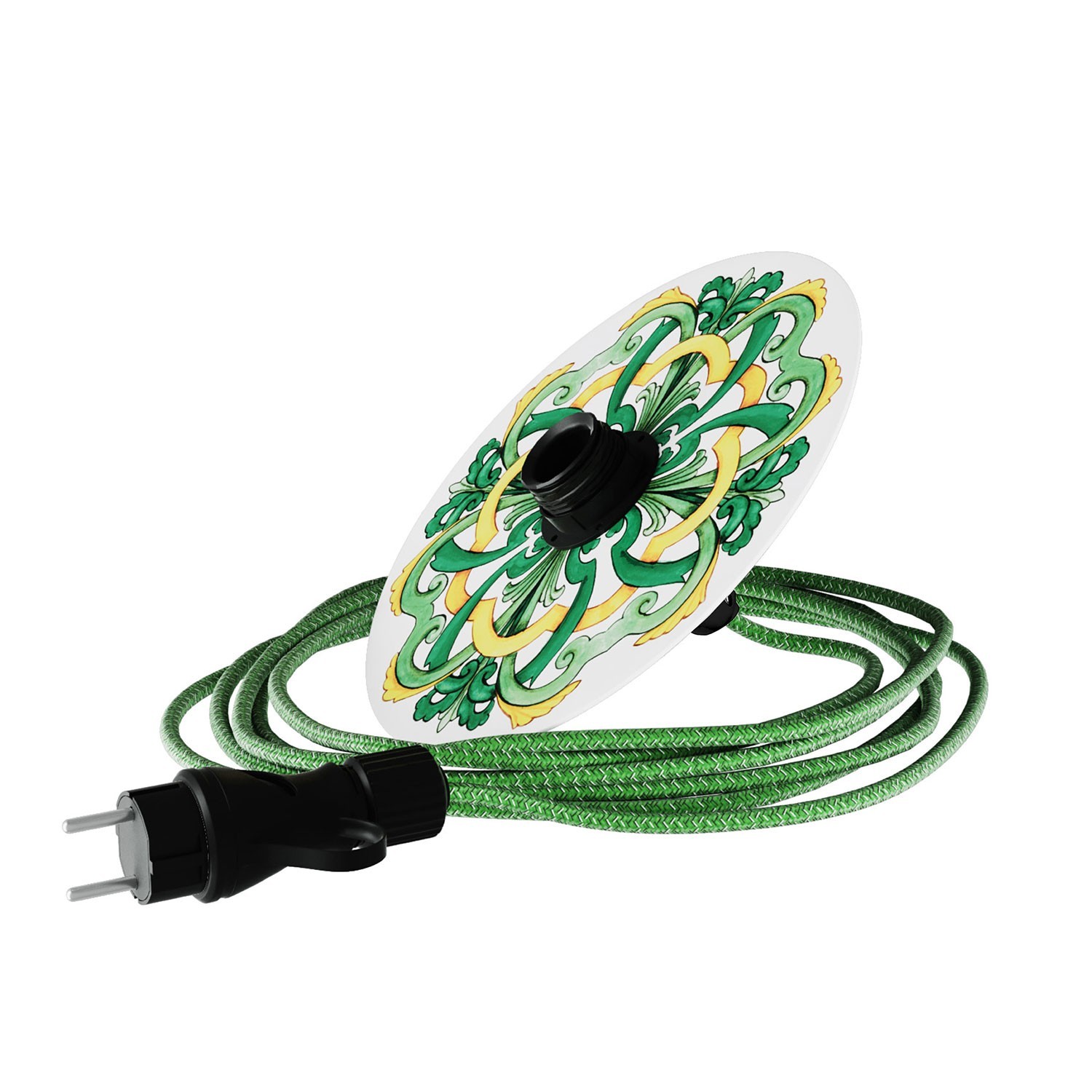 Snake Eiva mit Mini Teller-Lampenschirm Ellepì 'Maiolica', tragbare Außenleuchte mit wasserfester IP65 Lampenfassung und Stecker