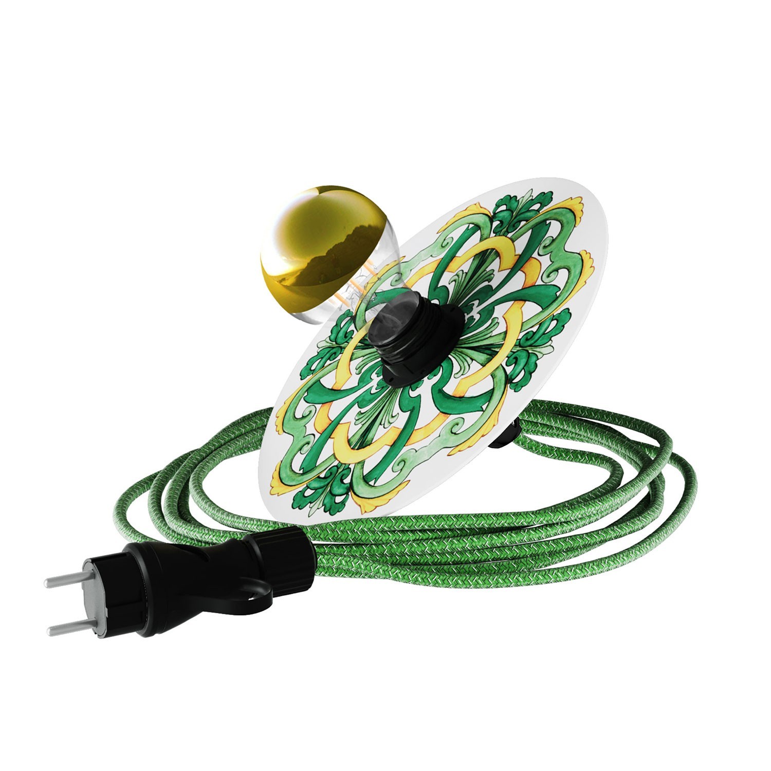 Snake Eiva mit Mini Teller-Lampenschirm Ellepì 'Maiolica', tragbare Außenleuchte mit wasserfester IP65 Lampenfassung und Stecker