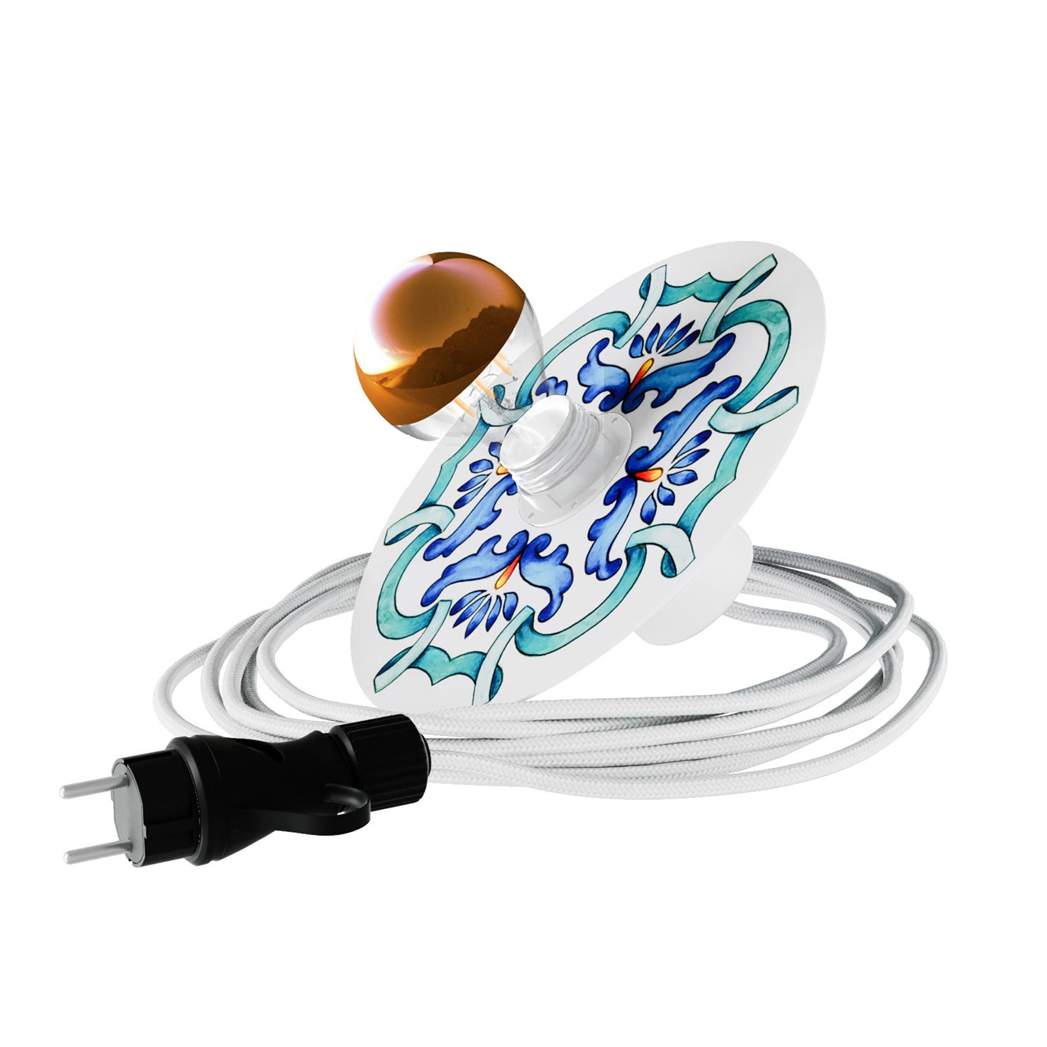 Snake Eiva mit Mini Teller-Lampenschirm Ellepì 'Maiolica', tragbare Außenleuchte mit wasserfester IP65 Lampenfassung und Stecker