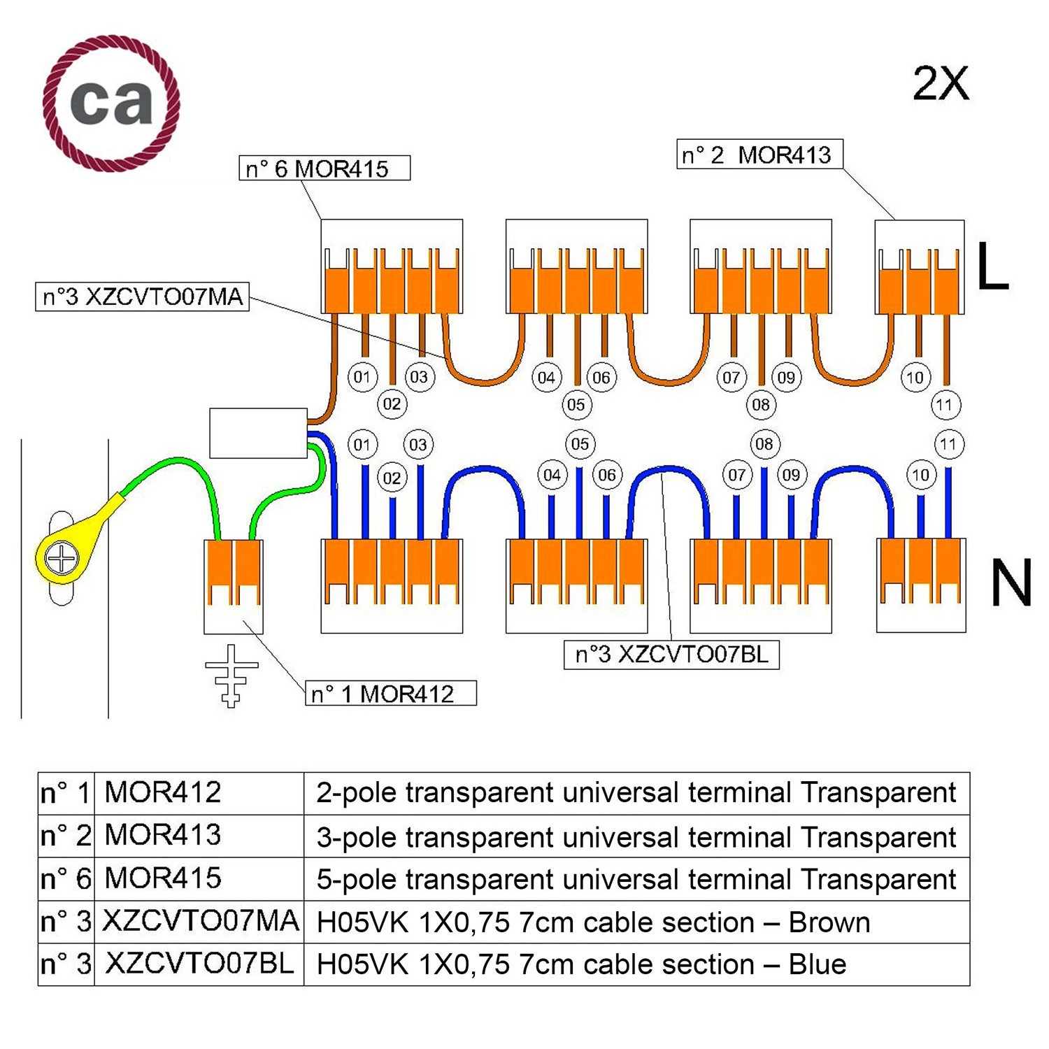 Kit de connexion WAGO compatible avec câble 2x pour Rosace à 11 trous