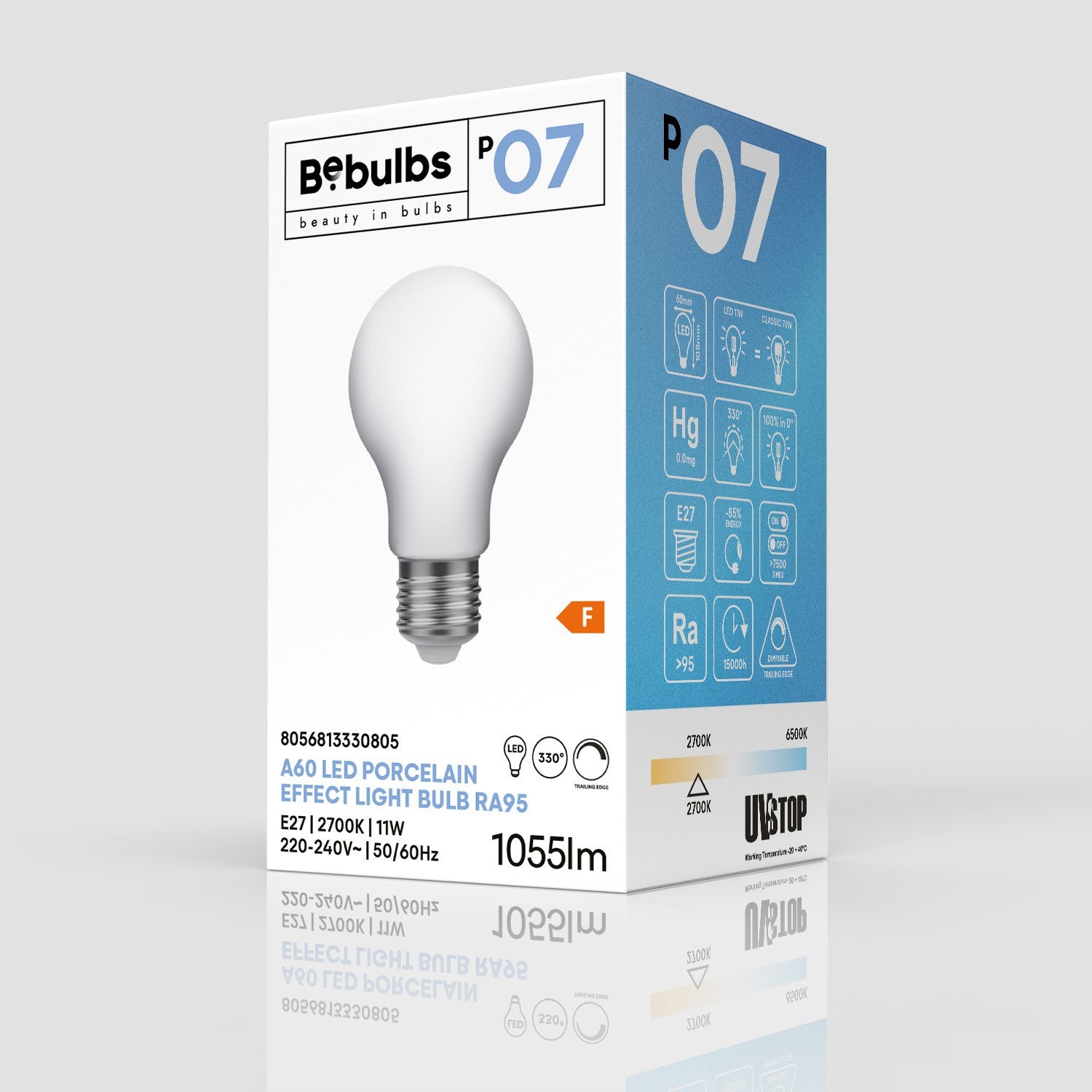 Lampadina LED Effetto Porcellana CRI 95 A60 11W 1055Lm E27 2700K Dimmerabile - P07