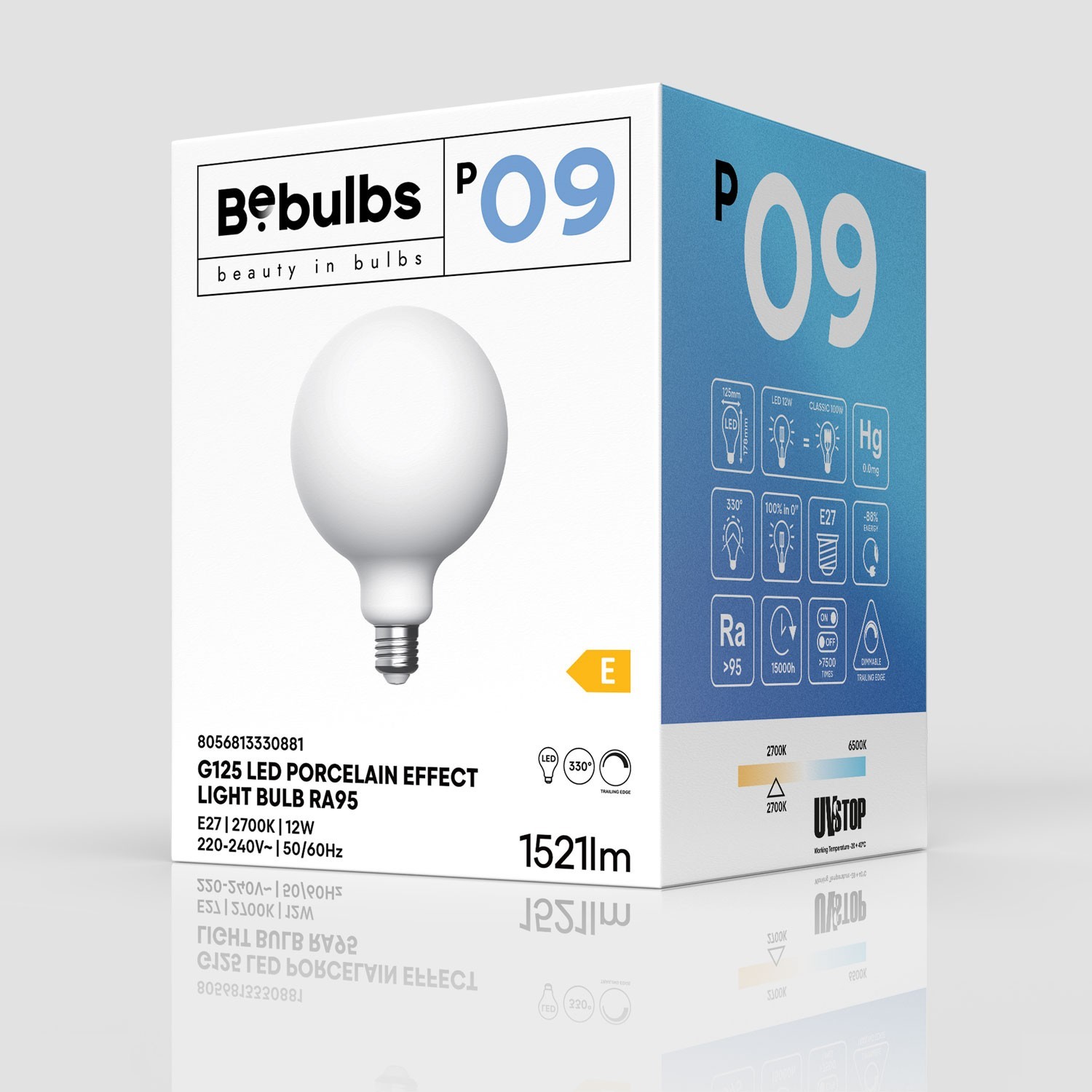LED Glühbirne mit Porzellan-Effekt CRI 95 G125 12W 1521Lm E27 2700K Dimmbar - P09