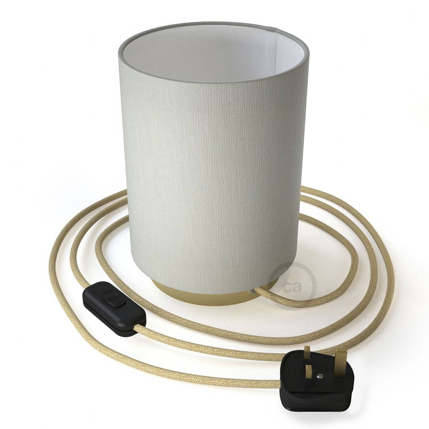 Lampe Posaluce en métal avec abat-jour Cilindro Linone Blanc, avec câble textile, interrupteur et prise bipolaire