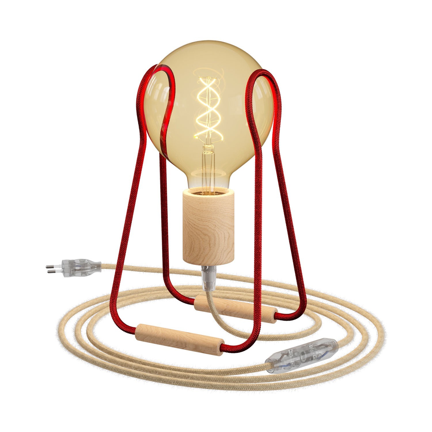 Taché Wood, Tischleuchte, komplett mit Textilkabel, Schalter und 2-poligem Stecker