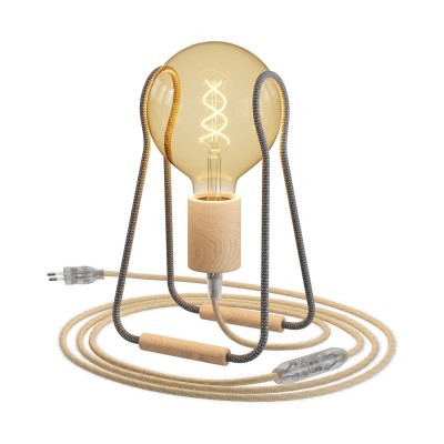 Taché Wood, lampe de table avec câble textile, interrupteur et fiche bipolaire