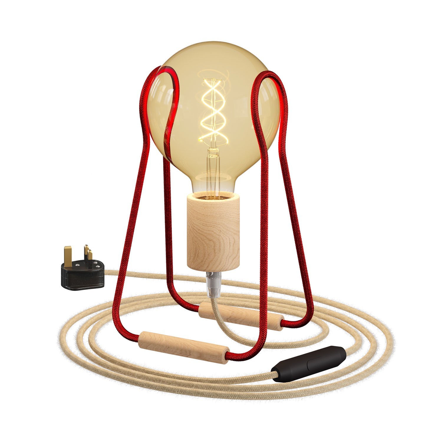 Taché Wood, lampe de table avec câble textile, interrupteur et fiche bipolaire