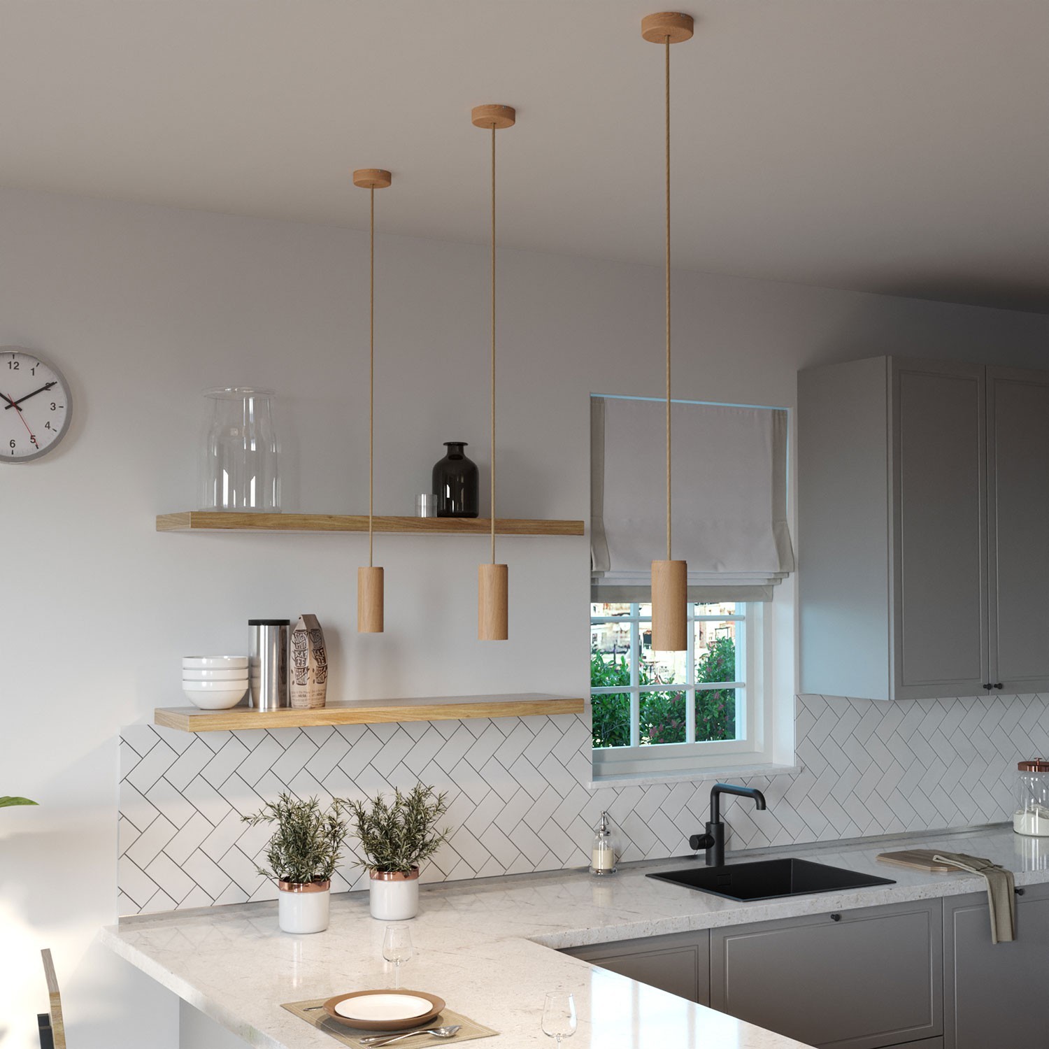 Pendelleuchte Made in Italy, komplett mit Textilkabel und Tub-E14 Lampenschirm aus Holz