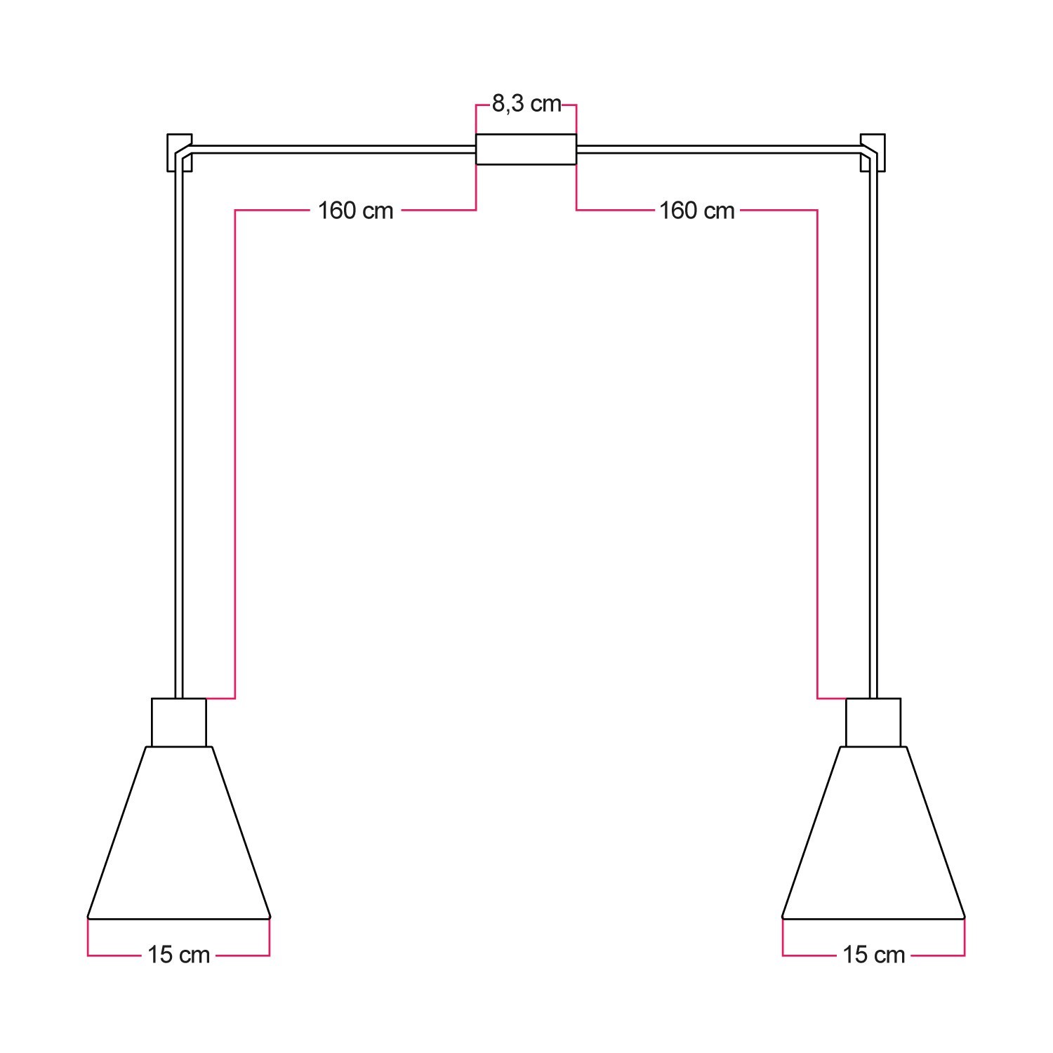 Lampe à suspension multiple à 2 bras avec abat-jours coniques en bois