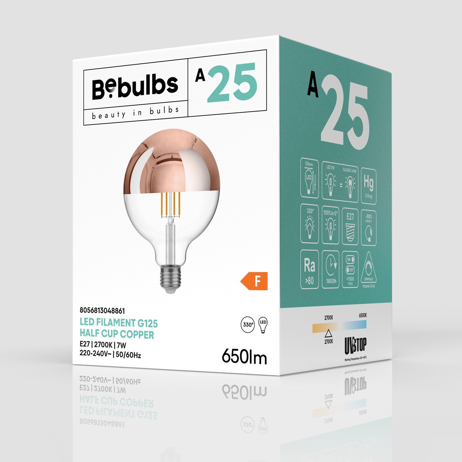 Ampoule LED Demi Sphère Cuivre Globe G125 7W 650Lm E27 2700K Dimmable - A25