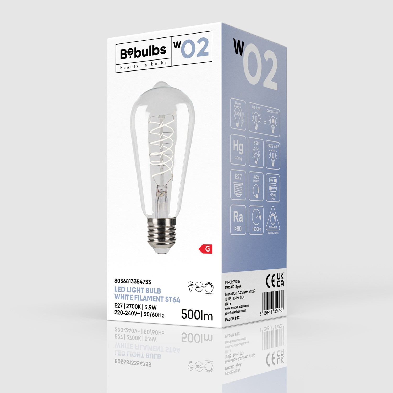 Ampoule LED Filament Blanc Edison ST64 5,9W 500Lm E27 2700K Dimmable - W02