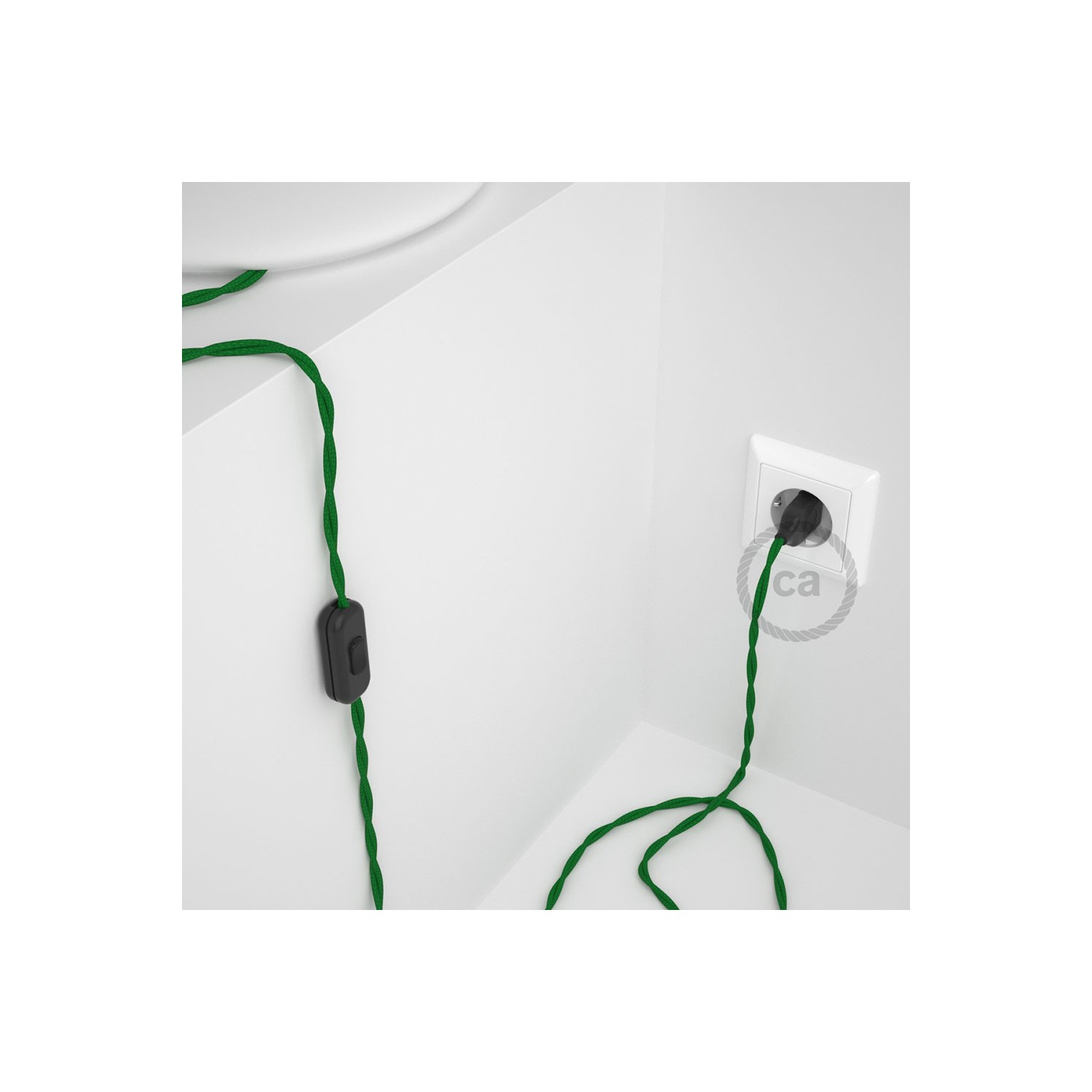 Cablaggio per lampada, cavo TM06 Effetto Seta Verde 1,80 m. Scegli il colore dell'interruttore e della spina.