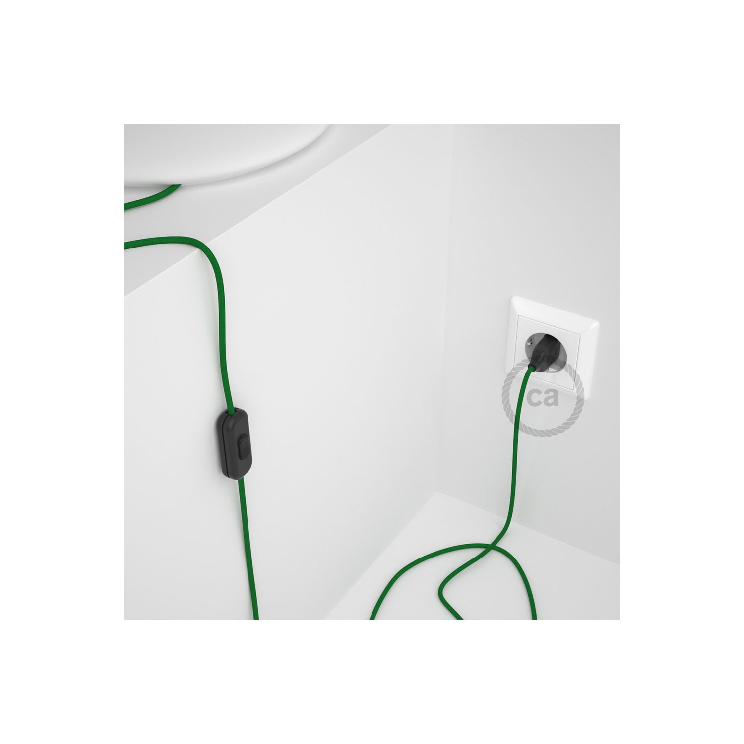 Cablaggio per lampada, cavo RM06 Effetto Seta Verde 1,80 m. Scegli il colore dell'interruttore e della spina.