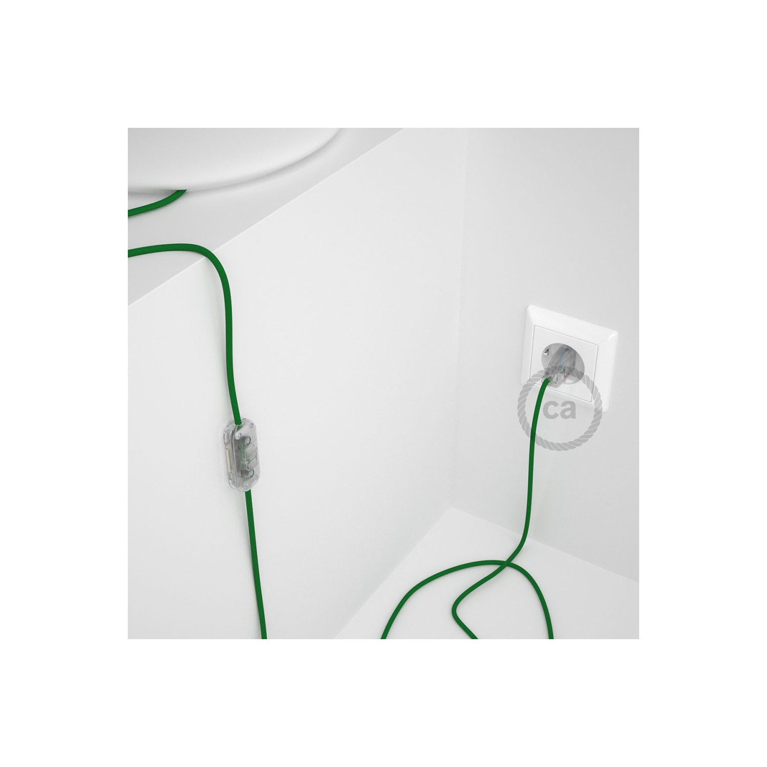 Cablaggio per lampada, cavo RM06 Effetto Seta Verde 1,80 m. Scegli il colore dell'interruttore e della spina.