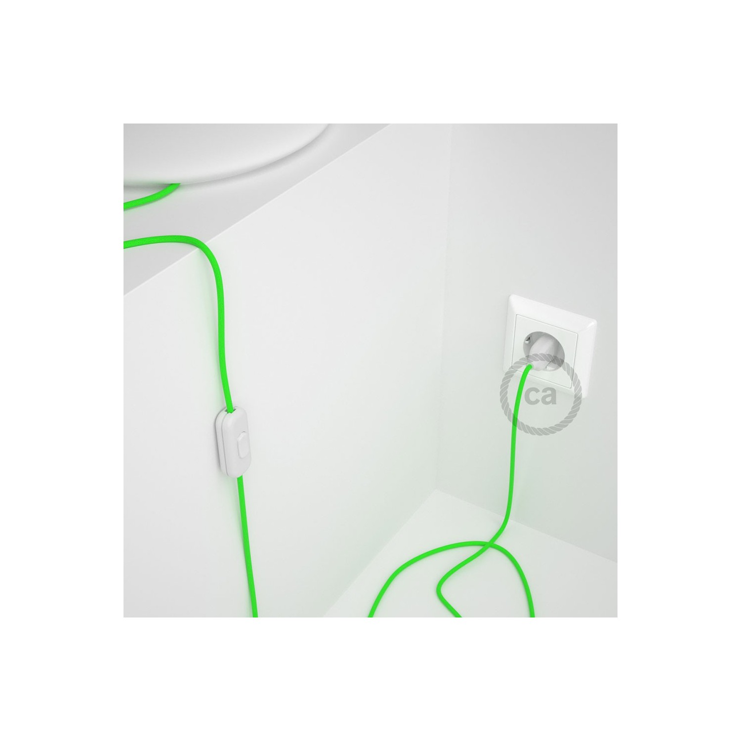 Cablaggio per lampada, cavo RF06 Effetto Seta Verde Fluo 1,80 m. Scegli il colore dell'interruttore e della spina.