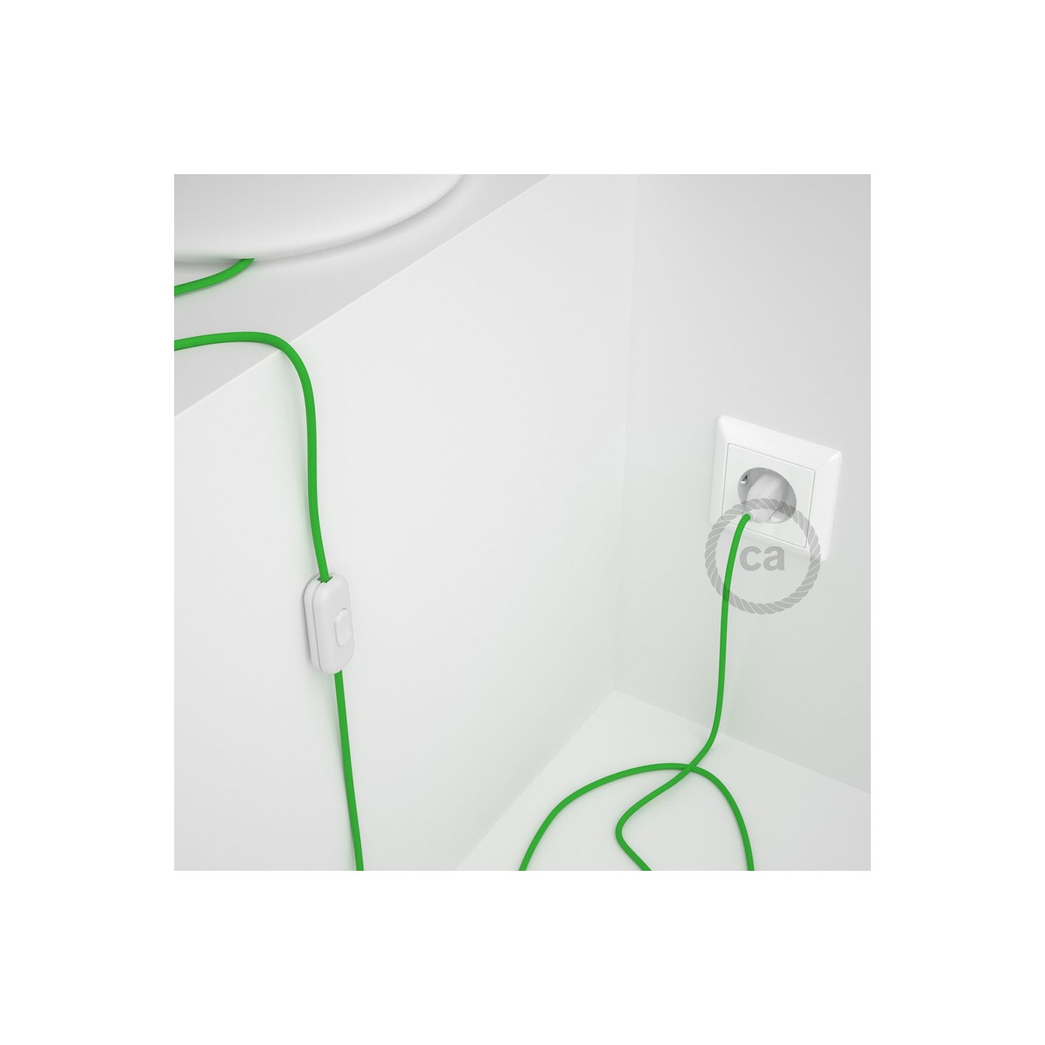 Cablaggio per lampada, cavo RM18 Effetto Seta Verde Lime 1,80 m. Scegli il colore dell'interruttore e della spina.