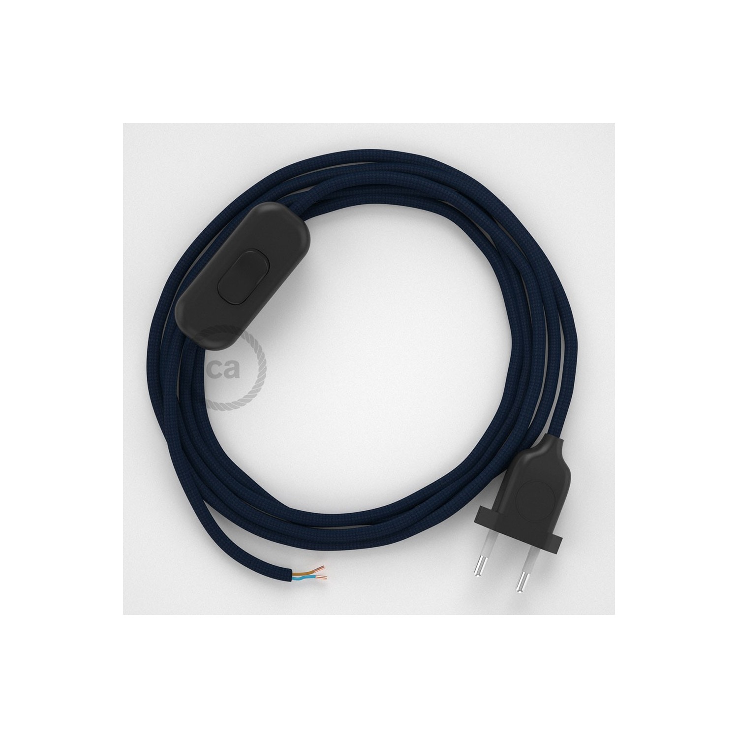 Cablaggio per lampada, cavo RM20 Effetto Seta Blu scuro 1,80 m. Scegli il colore dell'interruttore e della spina.