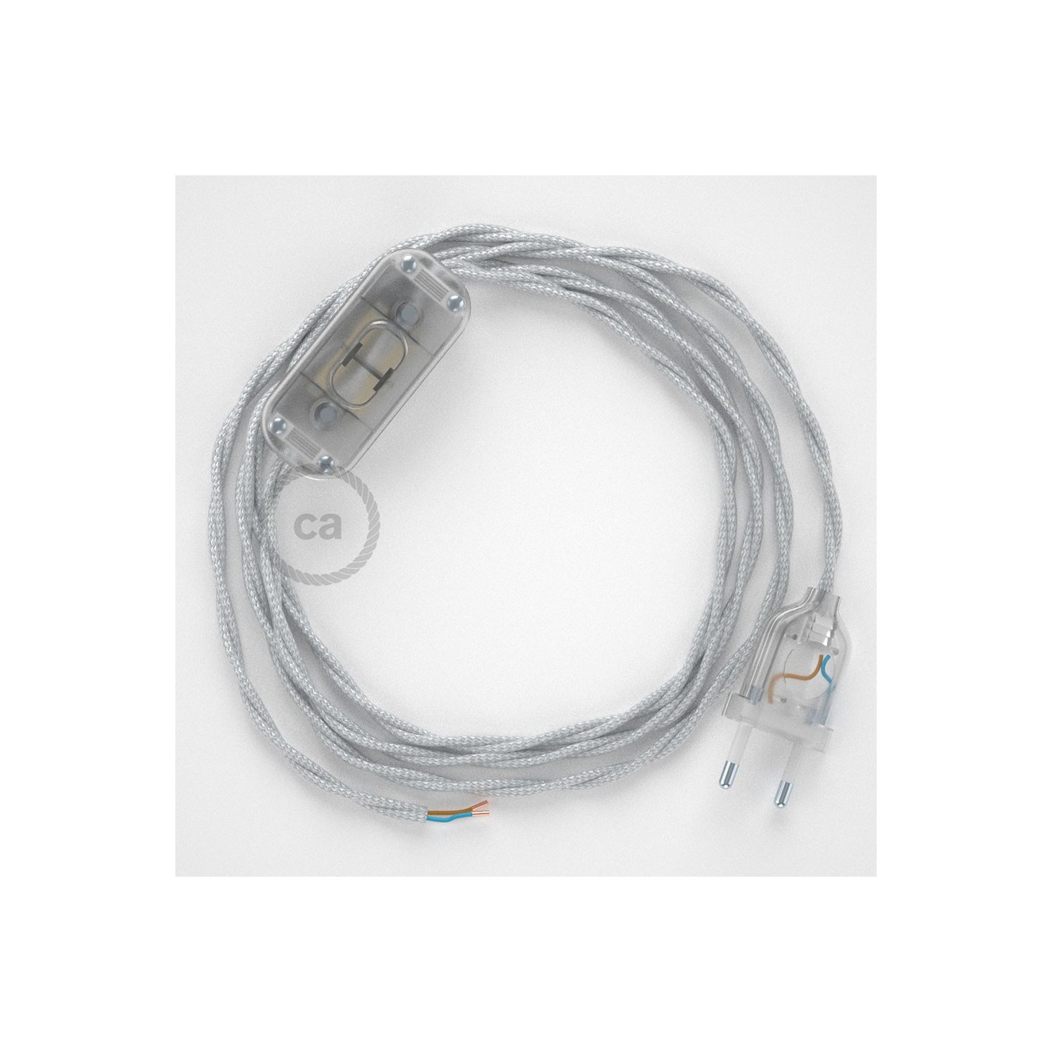 Cordon pour lampe, câble TM02 Effet Soie Argent 1,80 m. Choisissez la couleur de la fiche et de l'interrupteur!