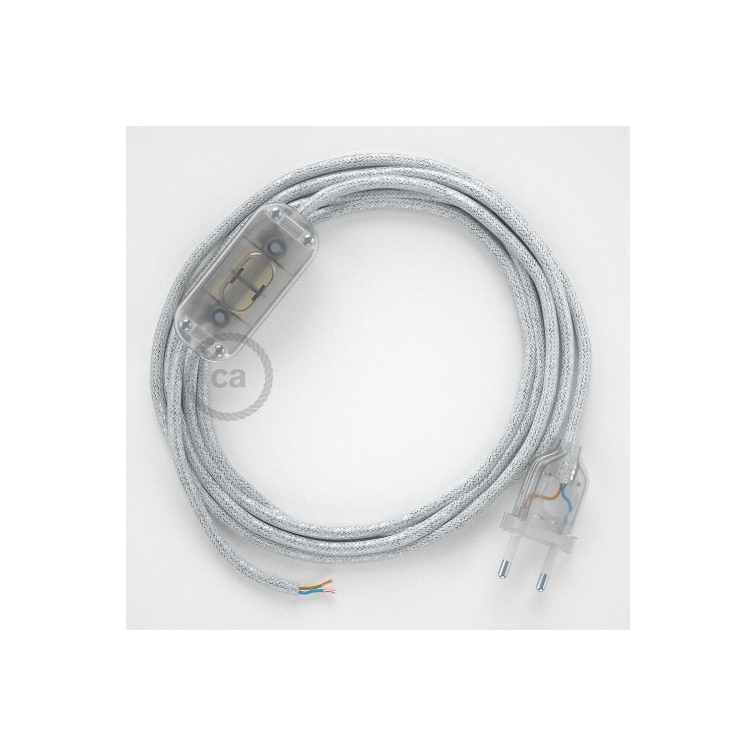 Cordon pour lampe, câble RL01 Effet Soie Paillettes Blanc 1,80 m. Choisissez la couleur de la fiche et de l'interrupteur!