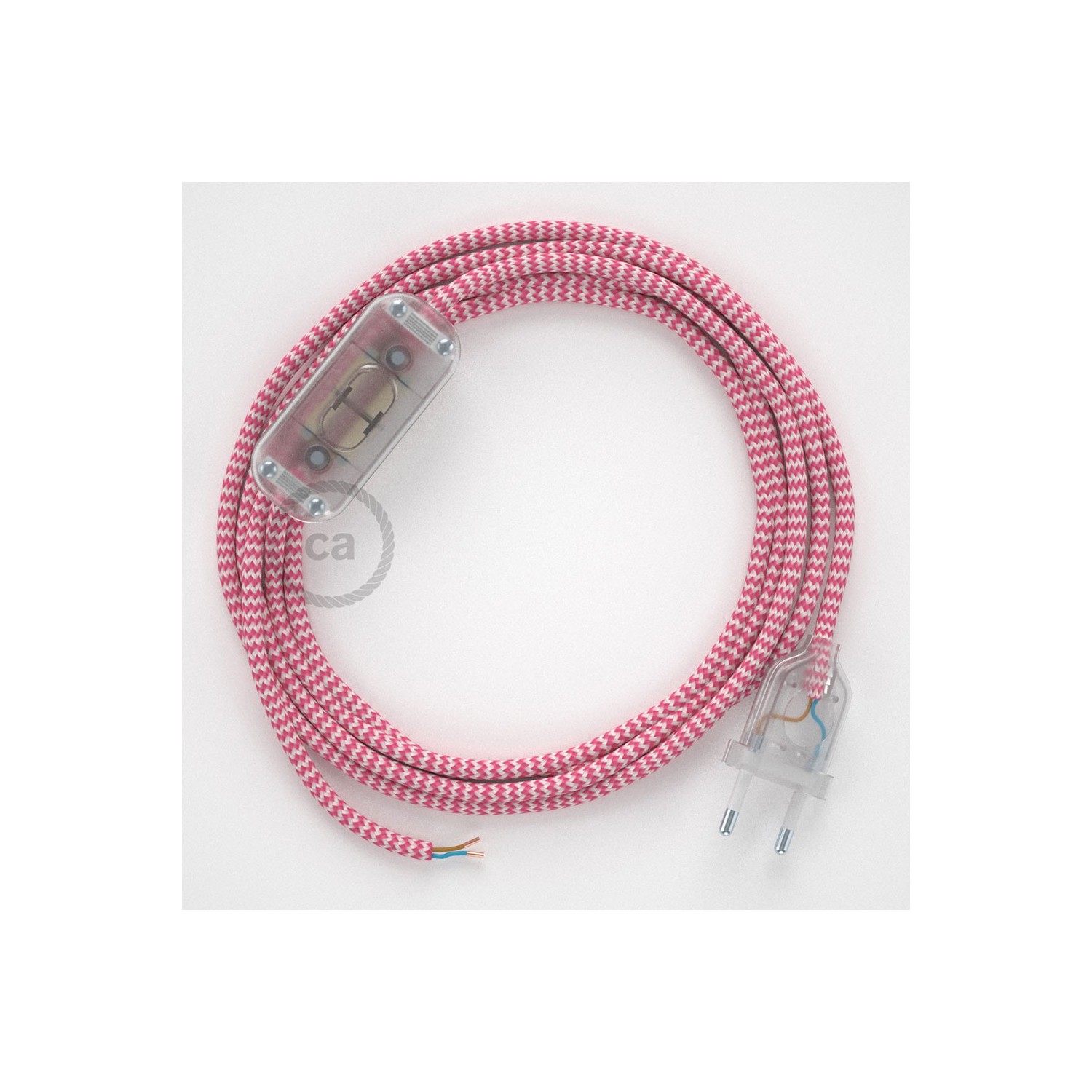 Cordon pour lampe, câble RZ08 Effet Soie ZigZag Blanc-Fuchsia 1,80 m. Choisissez la couleur de la fiche et de l'interrupteur!