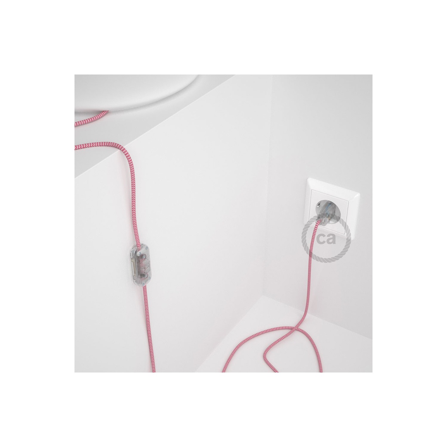 Cordon pour lampe, câble RZ08 Effet Soie ZigZag Blanc-Fuchsia 1,80 m. Choisissez la couleur de la fiche et de l'interrupteur!