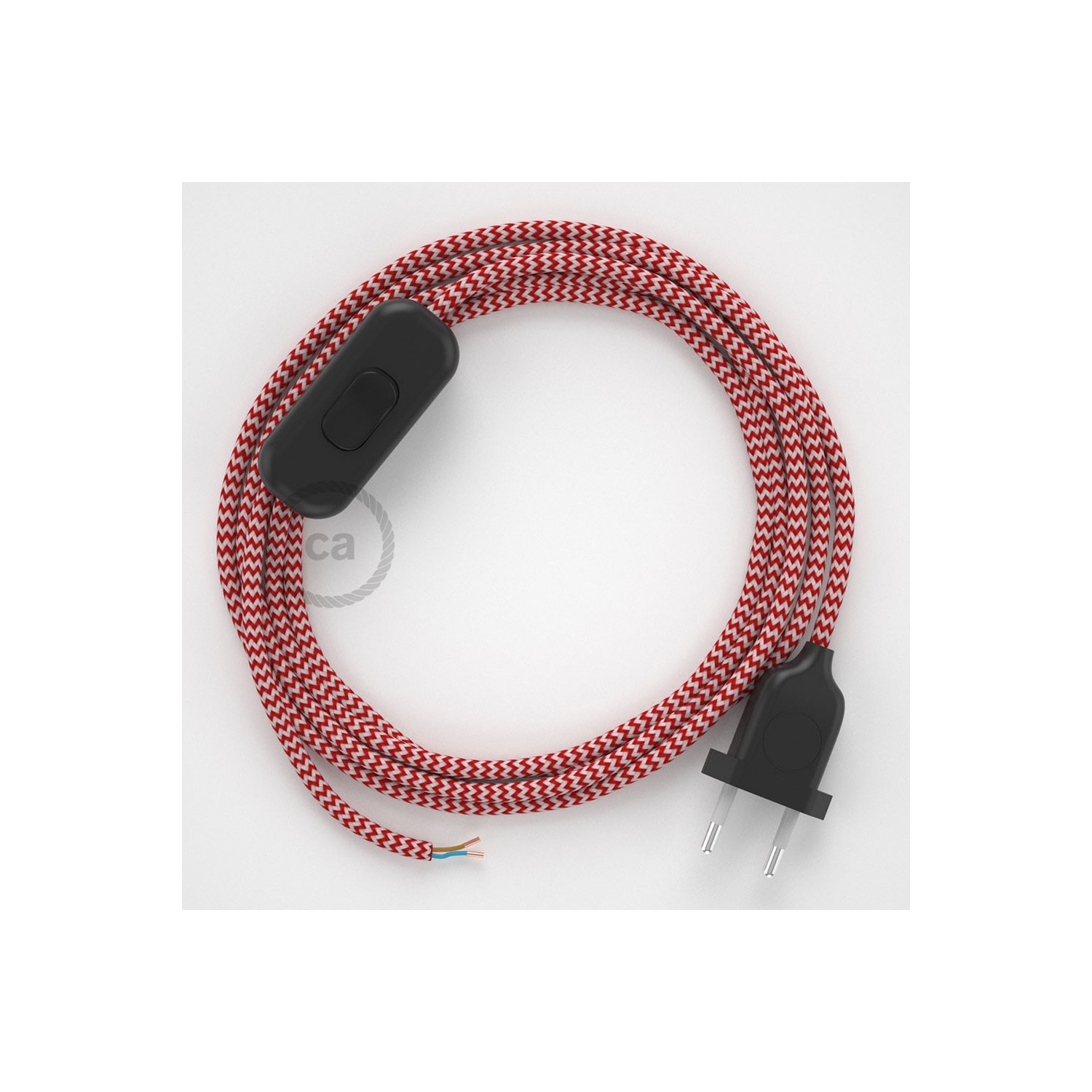Cordon pour lampe, câble RZ09 Effet Soie ZigZag Blanc-Rouge 1,80 m. Choisissez la couleur de la fiche et de l'interrupteur!