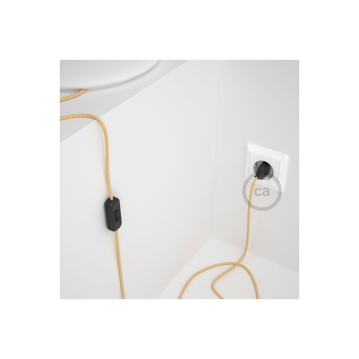 Cordon pour lampe, câble RZ10 Effet Soie ZigZag Blanc-Jaune 1,80 m. Choisissez la couleur de la fiche et de l'interrupteur!