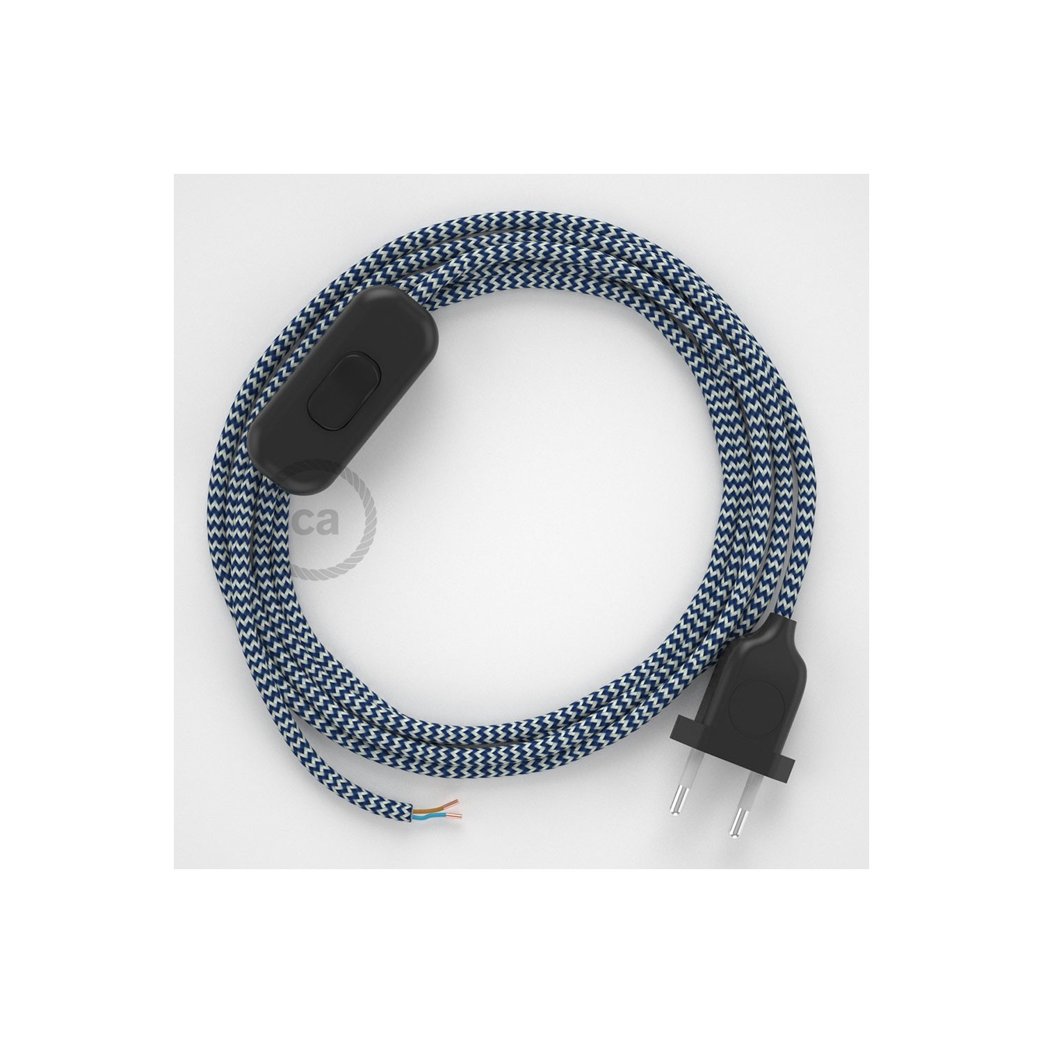 Cordon pour lampe, câble RZ12 Effet Soie ZigZag Blanc-Bleu 1,80 m. Choisissez la couleur de la fiche et de l'interrupteur!