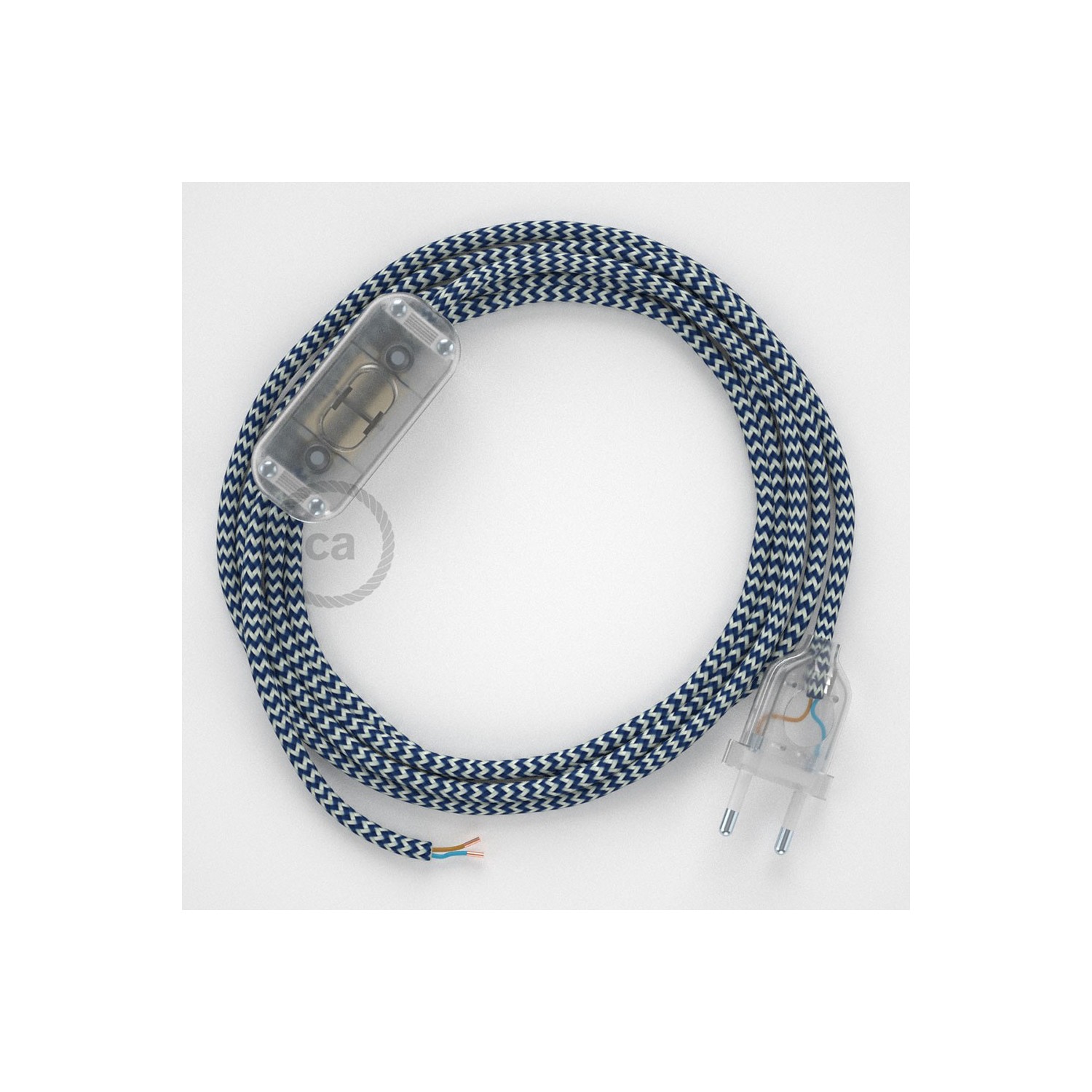 Cablaggio per lampada, cavo RZ12 Effetto Seta ZigZag Blu 1,80 m. Scegli il colore dell'interruttore e della spina.