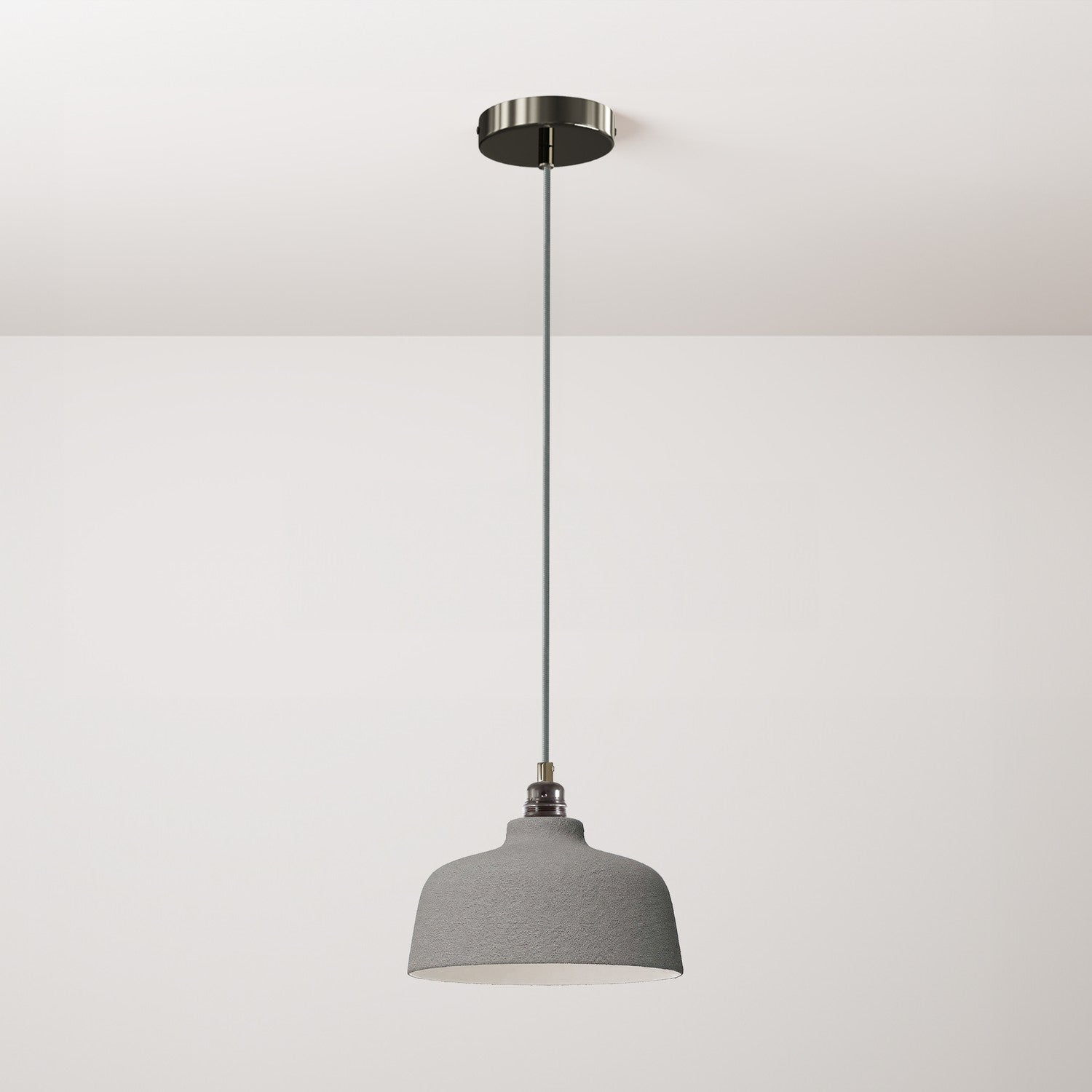 Lampada a sospensione completa di cavo tessile, paralume Coppa in ceramica e finiture in metallo - Effetto cemento