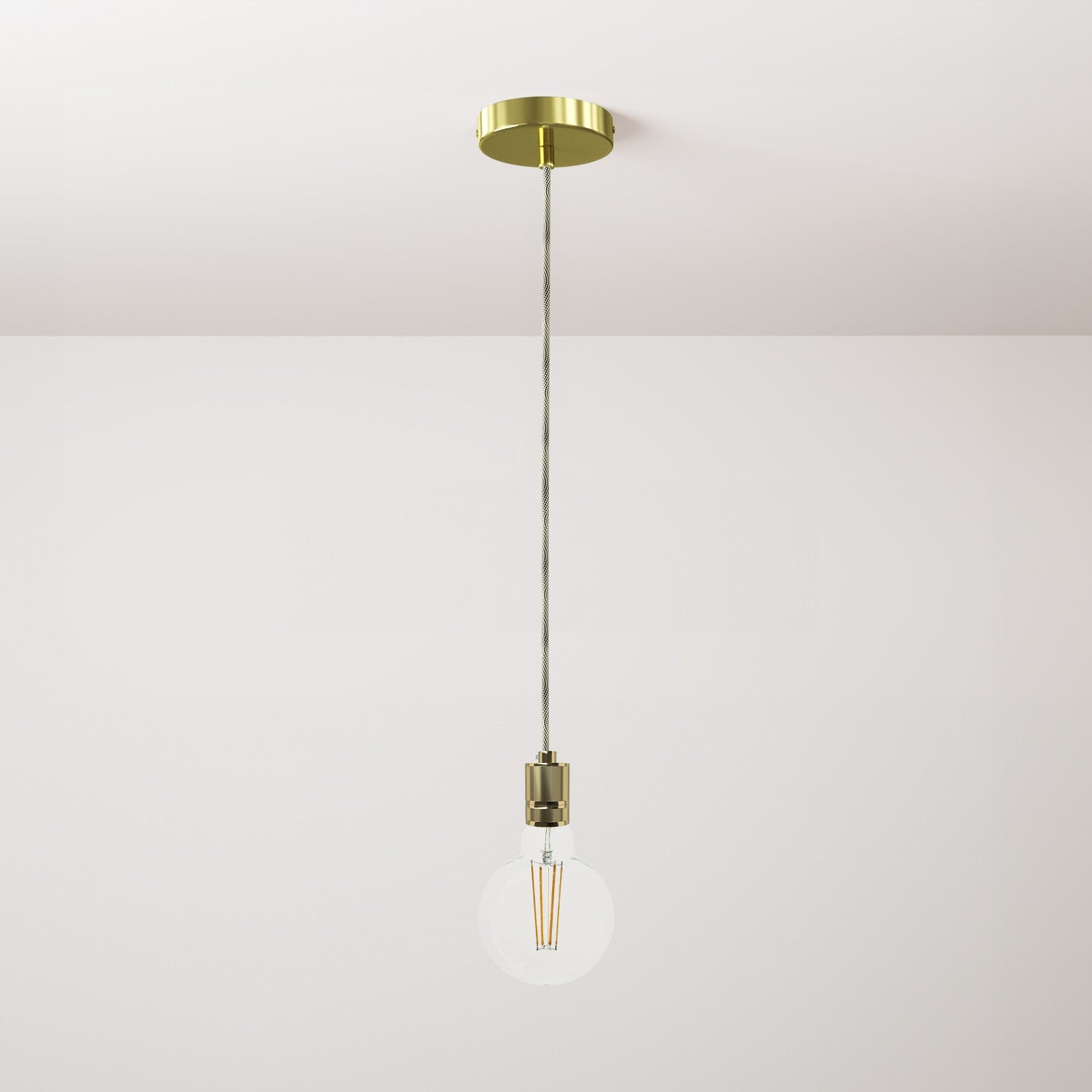 Lampada a sospensione completa di cavo tessile e portalampada in alluminio zigrinato - Ottone