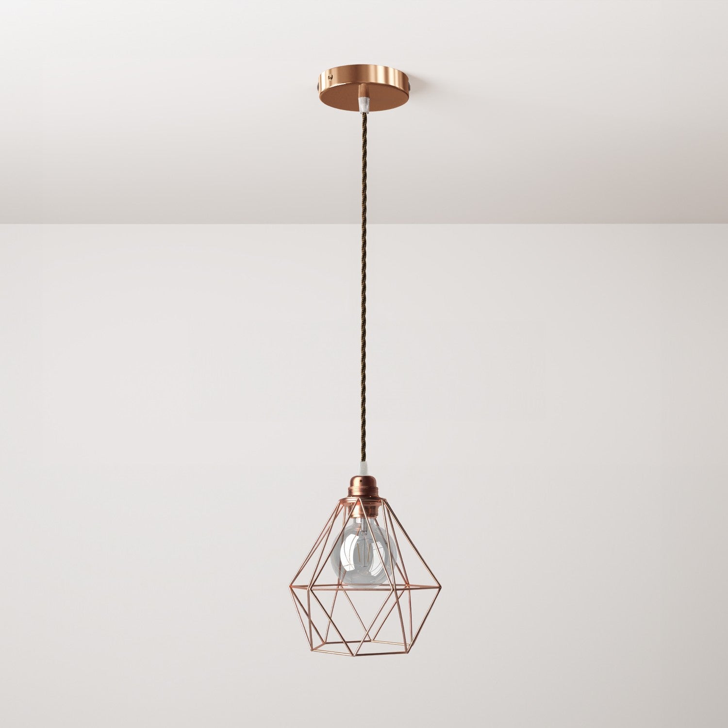 Lampada a sospensione completa di cavo tessile, paralume gabbia Diamond e finiture in metallo - Rame