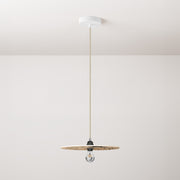 Lampada a sospensione completa di cavo tessile, paralume in legno UFO double-face e finiture in metallo - Fernando Cobelo