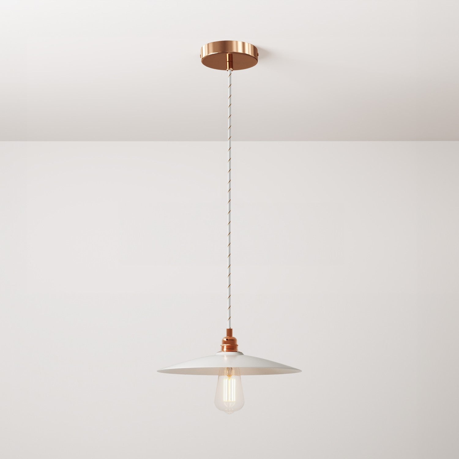 Lampada a sospensione completa di cavo tessile, paralume in ceramica Piatto e finiture in metallo - Bianco lucido