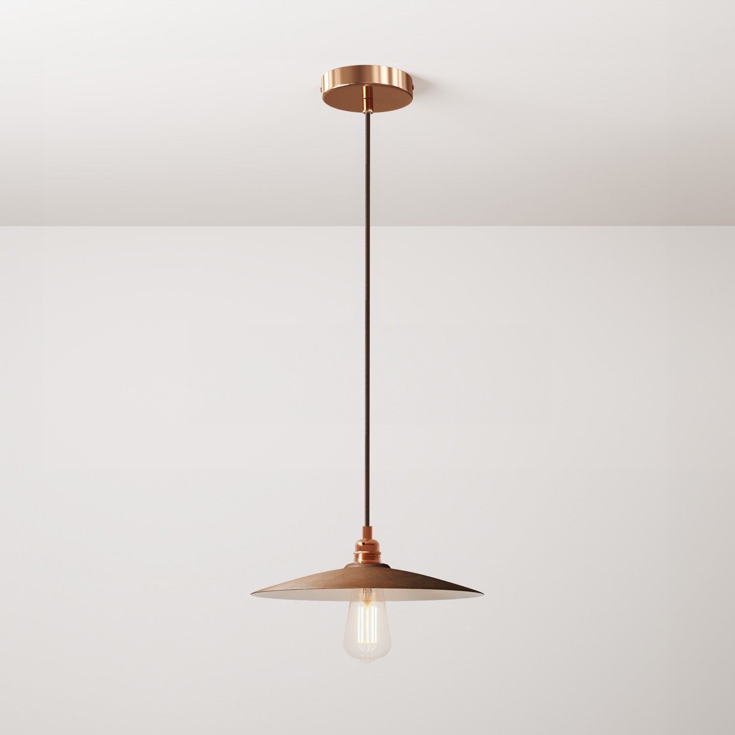 Lampada a sospensione completa di cavo tessile, paralume in ceramica Piatto e finiture in metallo - Effetto corten