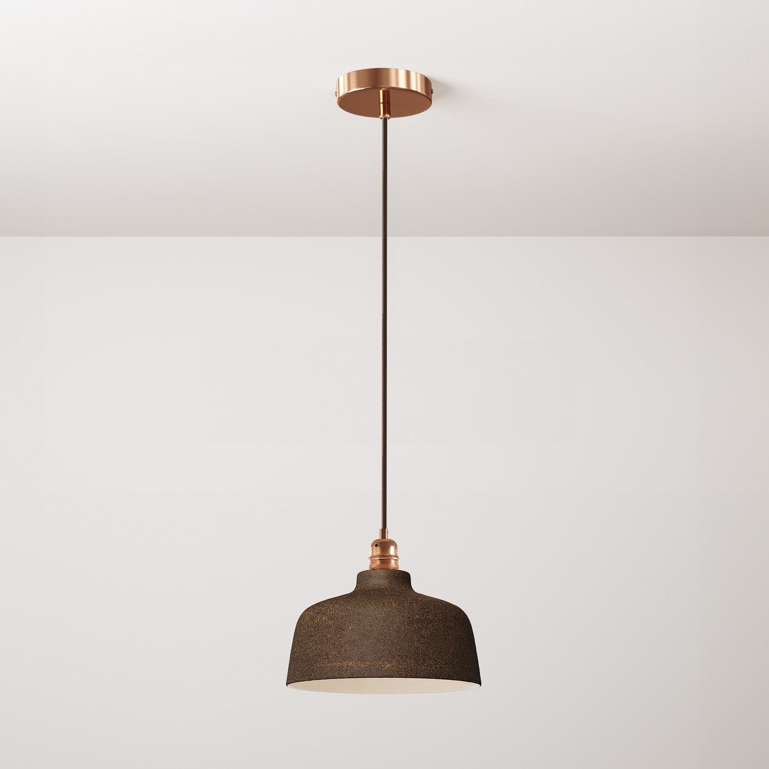 Lampada a sospensione completa di cavo tessile, paralume Coppa in ceramica e finiture in metallo - Effetto corten