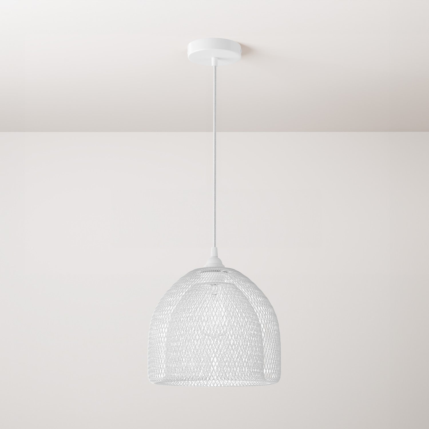 Lampada a sospensione completa di cavo tessile, paralume gabbia Ghostbell XL e finiture in metallo - Bianco