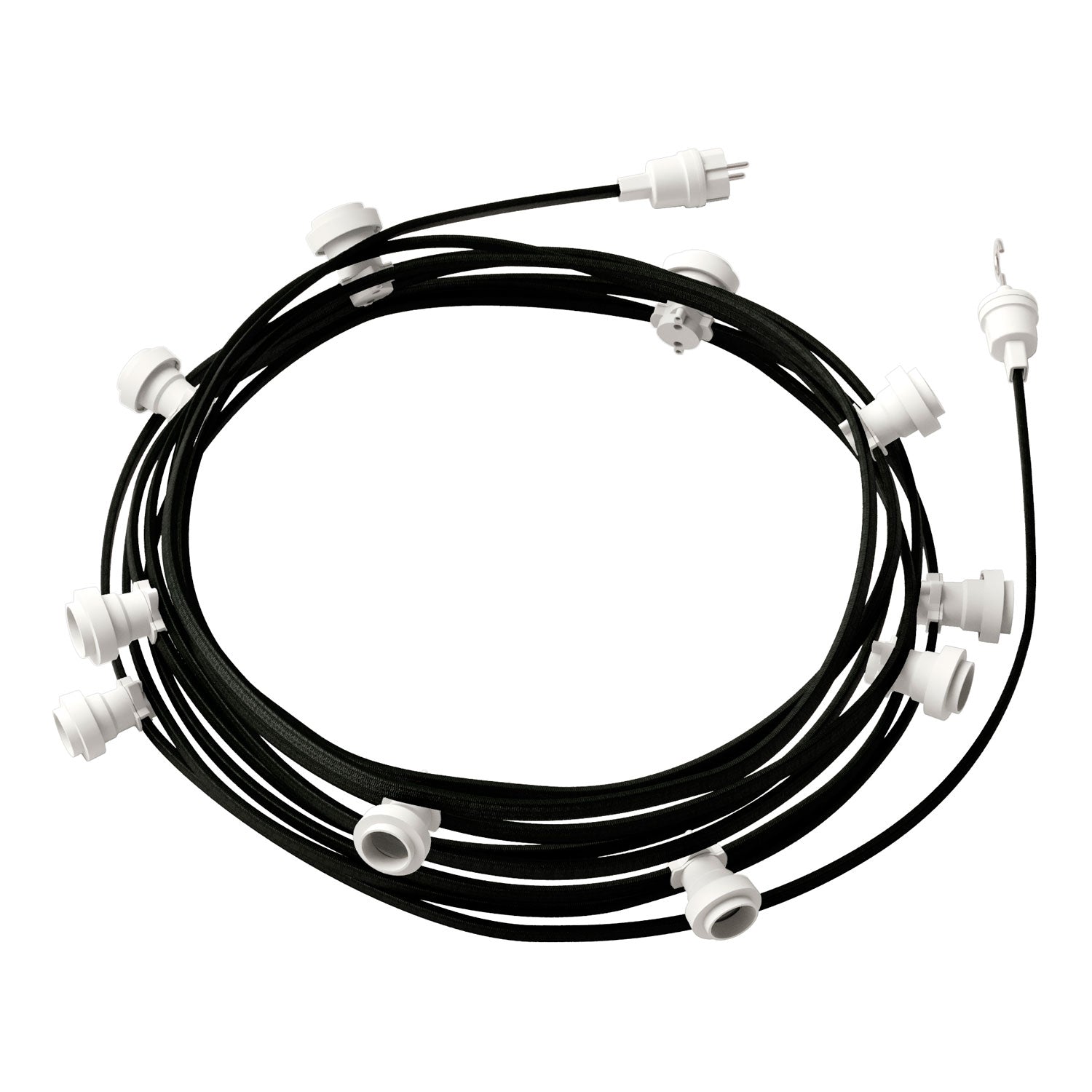 Catenaria Sistema Lumet da 12,5 m con cavo tessile CM04, 10 portalampada, gancio e spina bianchi