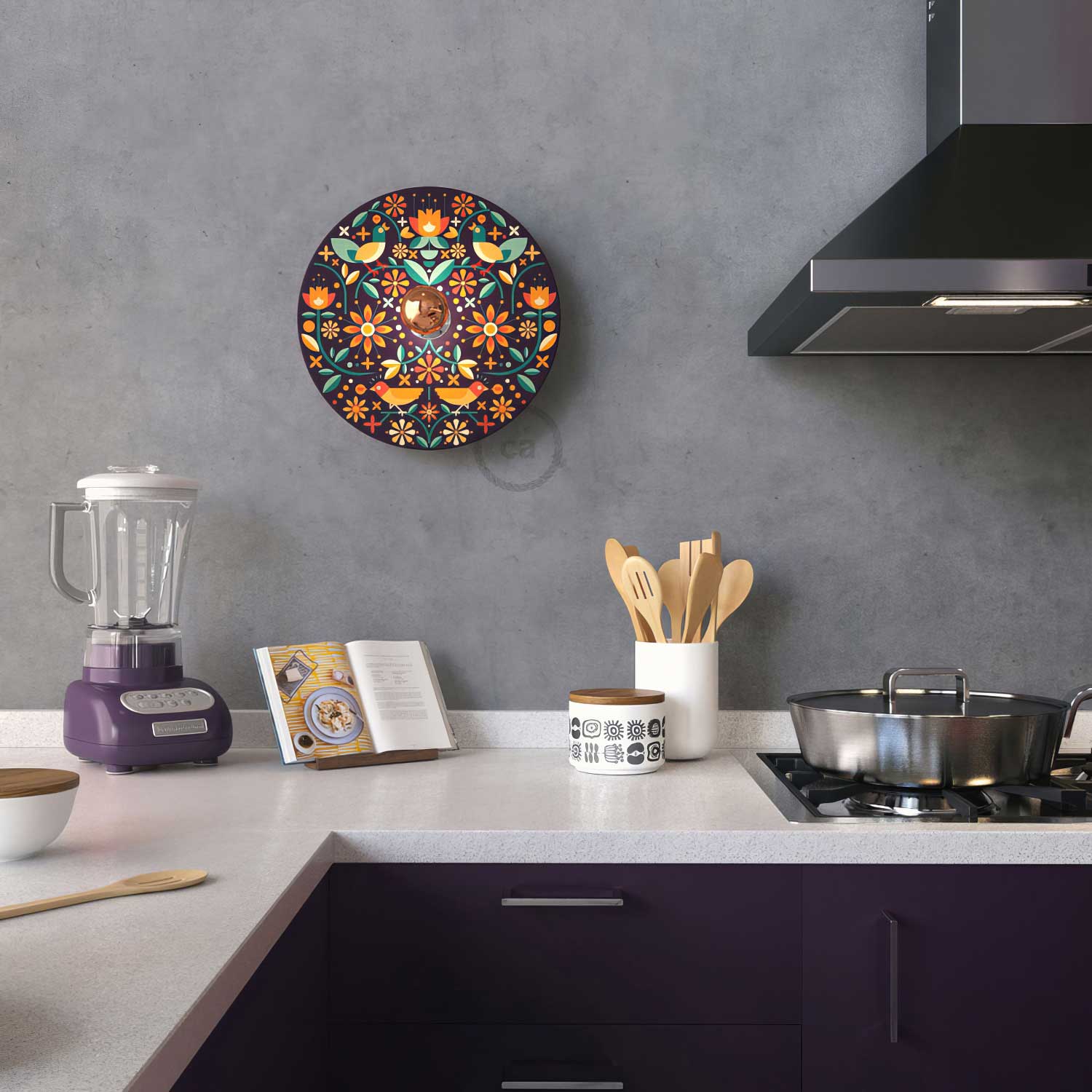 Fermaluce Etnico con paralume UFO in legno double-face illustrato da Francesco Poroli