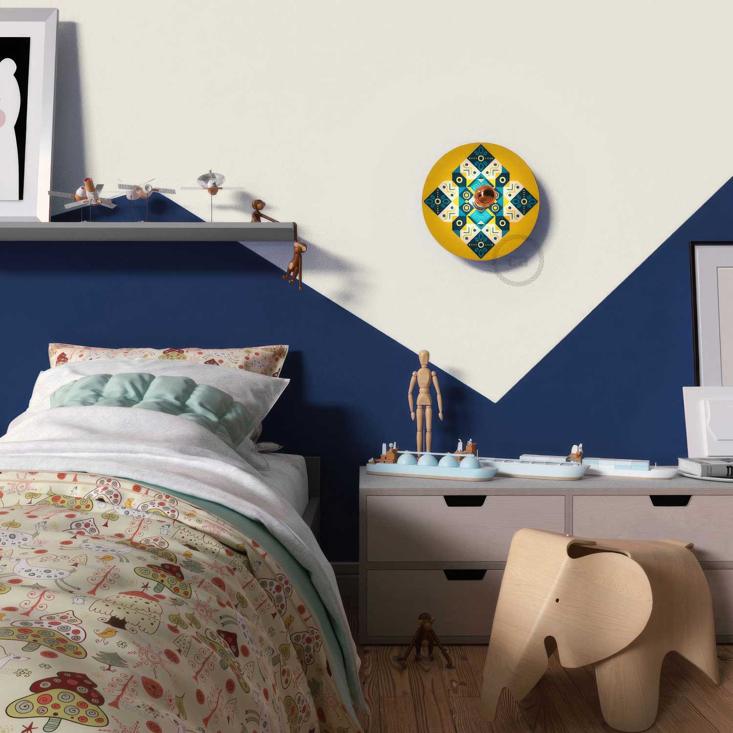 Fermaluce Etnico con paralume UFO in legno double-face illustrato da ODD