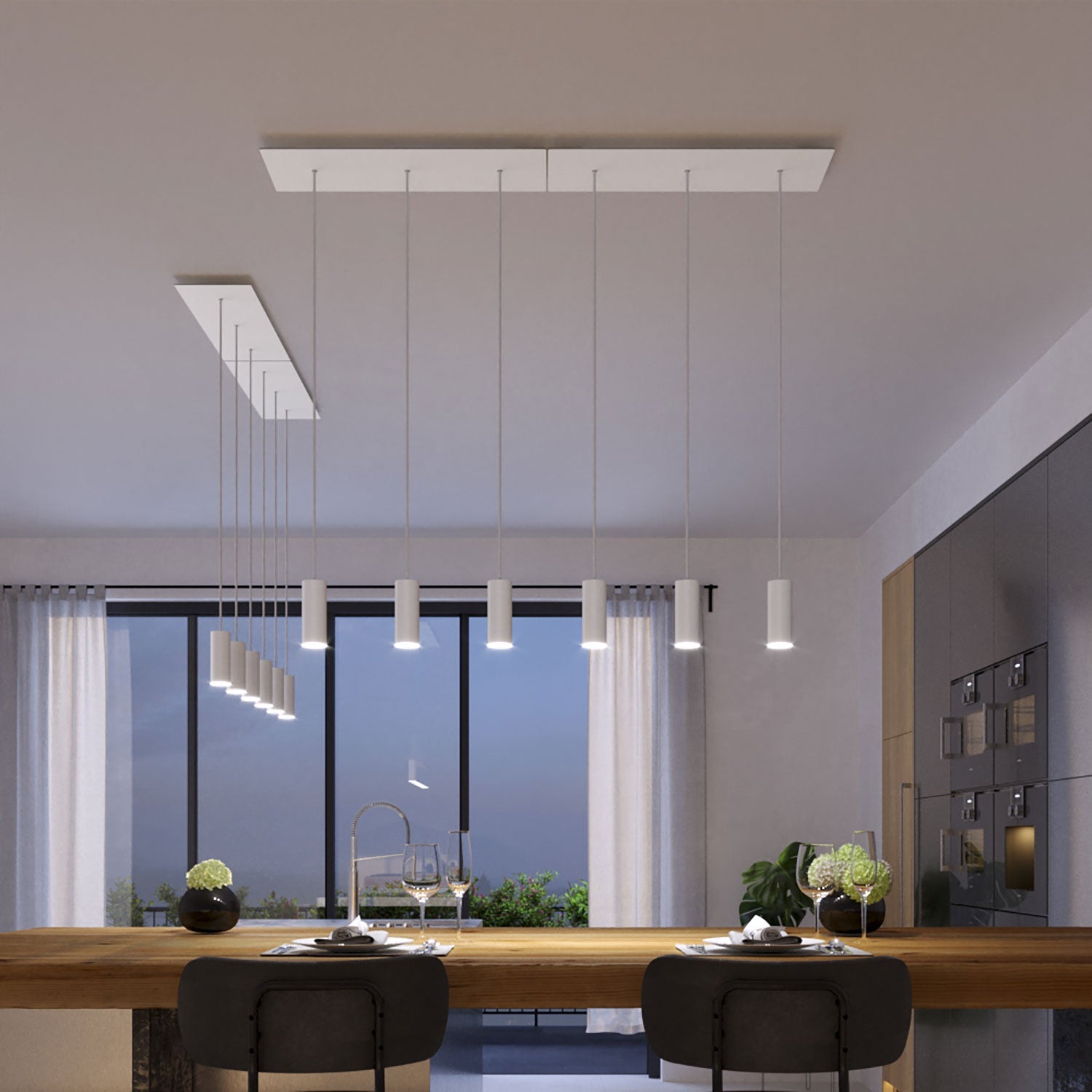 Lampada a sospensione a 3 cadute con XXL Rose-One rettangolare 675 mm con paralume in metallo Tub-E14 - Bianco opaco