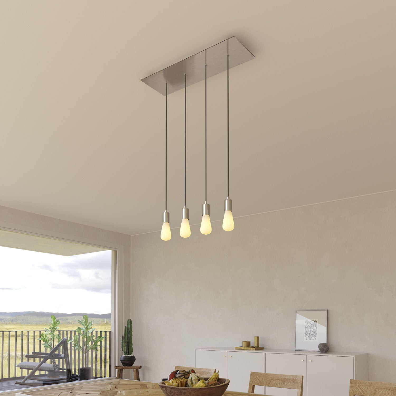 Lampada a sospensione a 4 cadute con XXL Rose-One rettangolare 675 mm con finiture in metallo - Acciaio satinato
