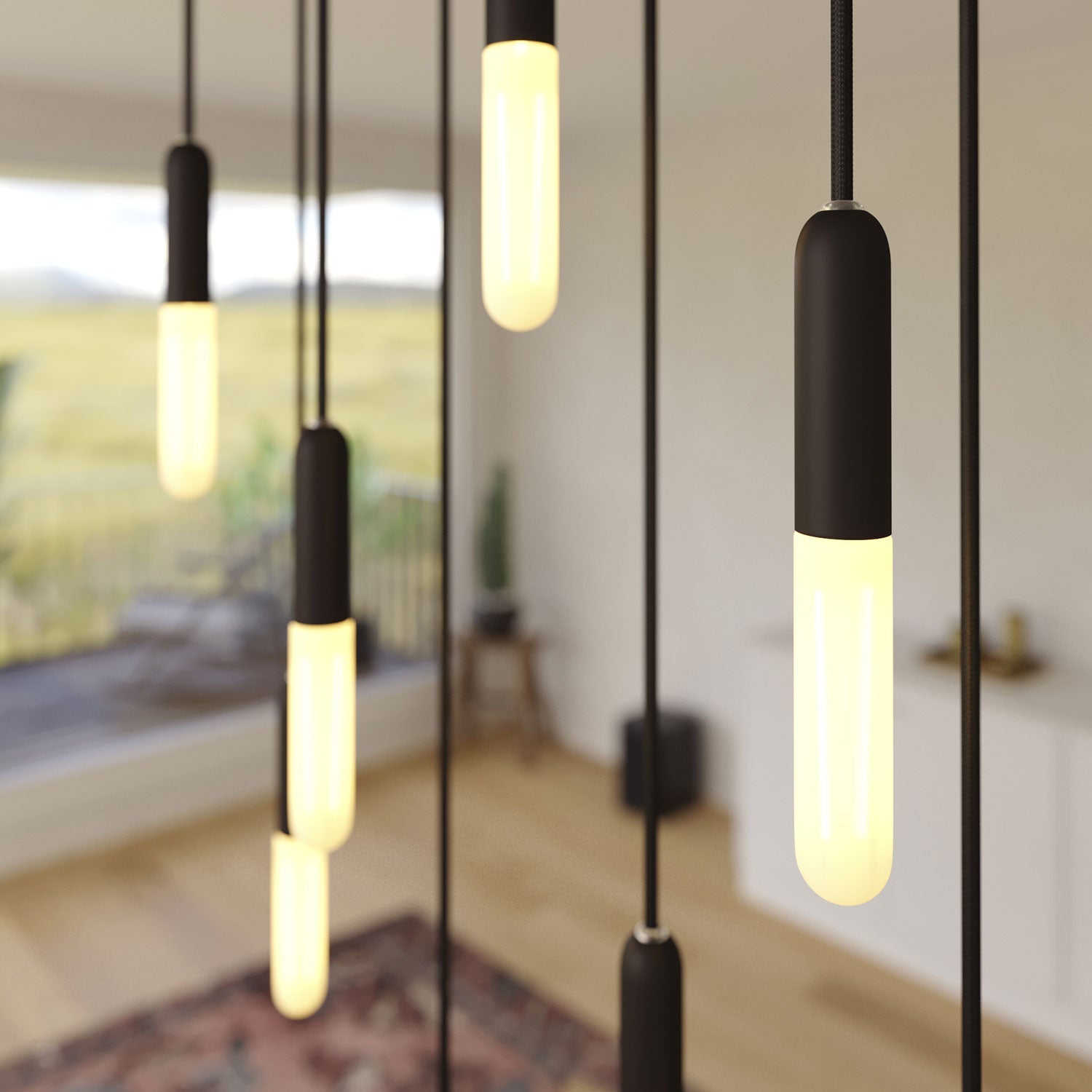 Lampada a sospensione a 8 cadute con XXL Rose-One rettangolare 675 mm con finiture in metallo - Nero opaco