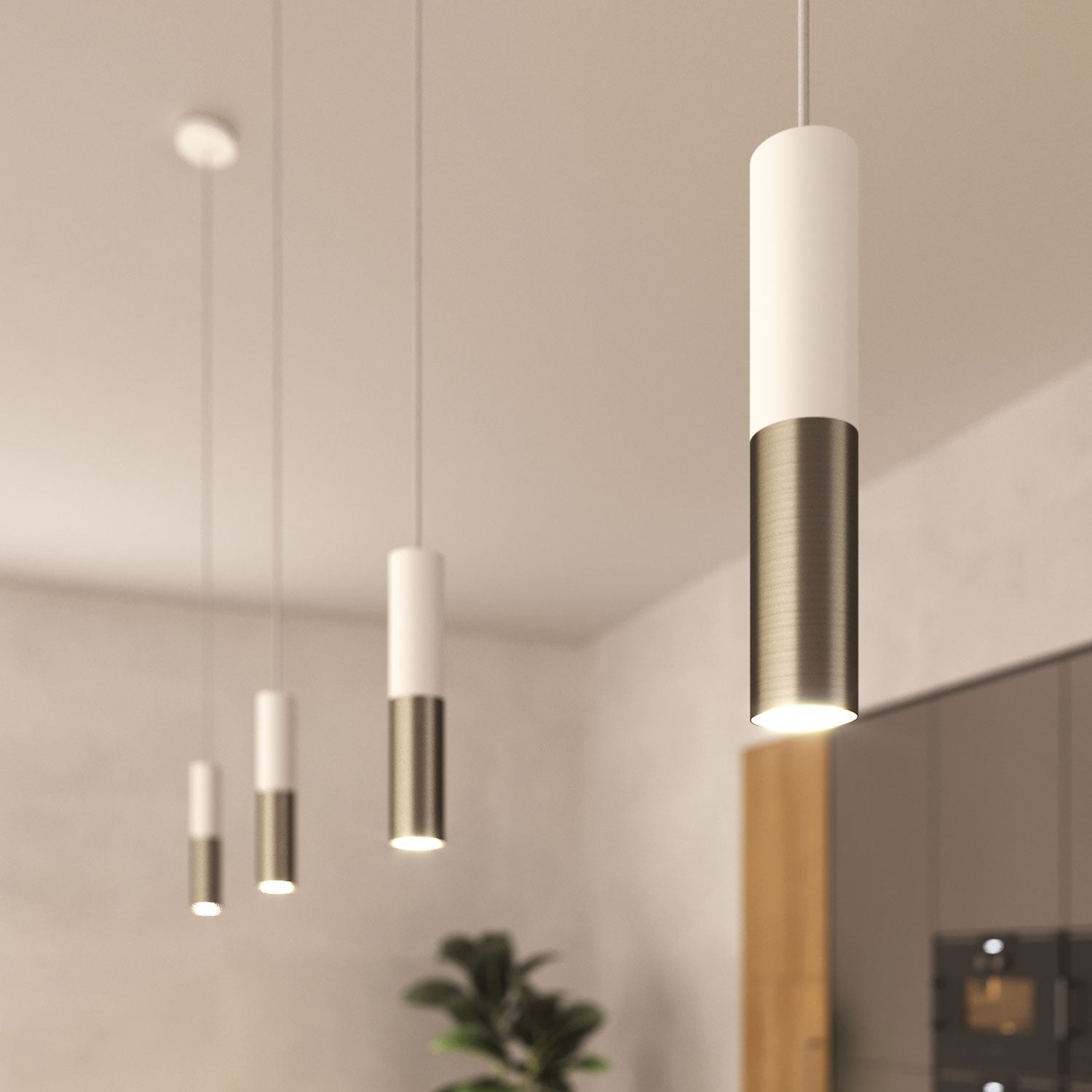 Lampada a sospensione completa di cavo tessile e doppio paralume Tub-E14 - Bianco opaco e Titanio satinato