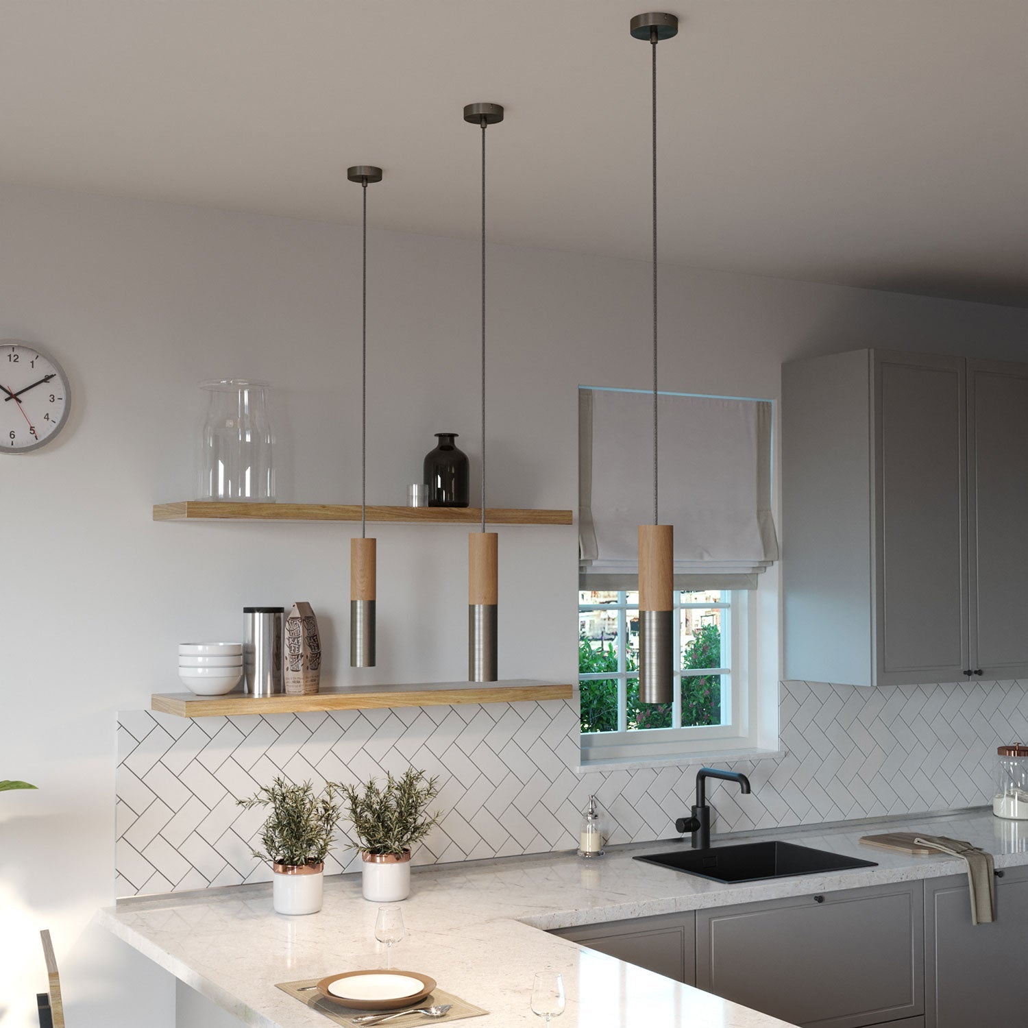 Lampada a sospensione completa di cavo tessile e doppio paralume Tub-E14 in legno e metallo - Titanio satinato