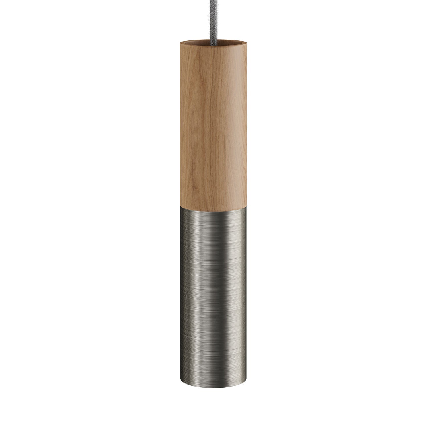 Lampada a sospensione completa di cavo tessile e doppio paralume Tub-E14 in legno e metallo - Titanio satinato